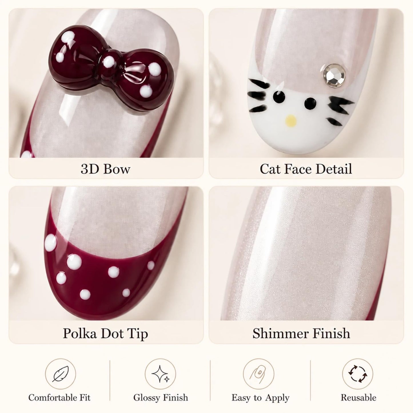 Tesytto Handmade Press on Nails Almond Shape Glossy Reusable False Nails for Nail Art (Cute Cat Polka, S)