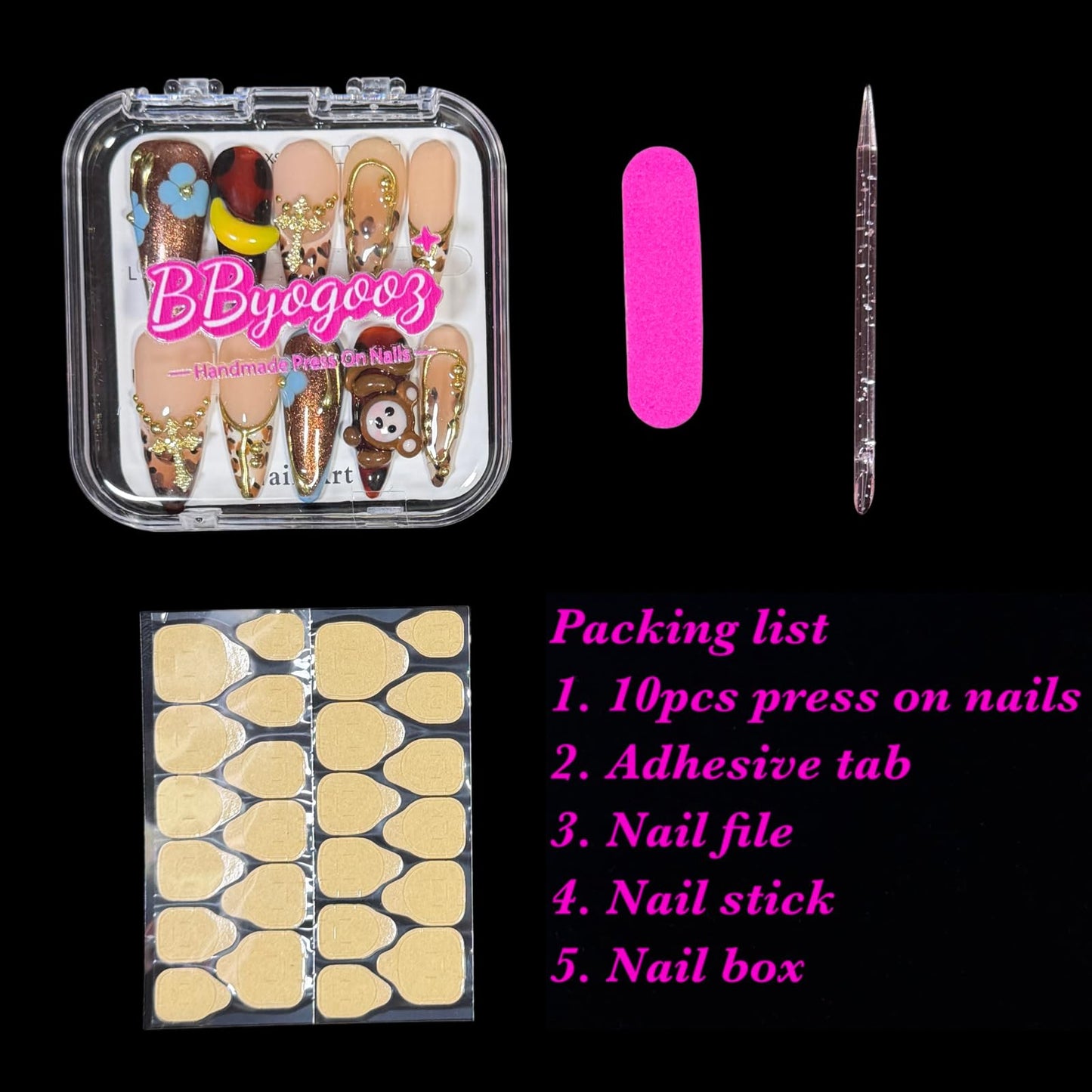 Handmade Press on Nails Cute 3D hand-crafted Monkey & Banana, Leopard Print Design - Long Stiletto Shape Reusable False Nails, Fun Animal Themed Nail Art (Pawky Monkey, M)