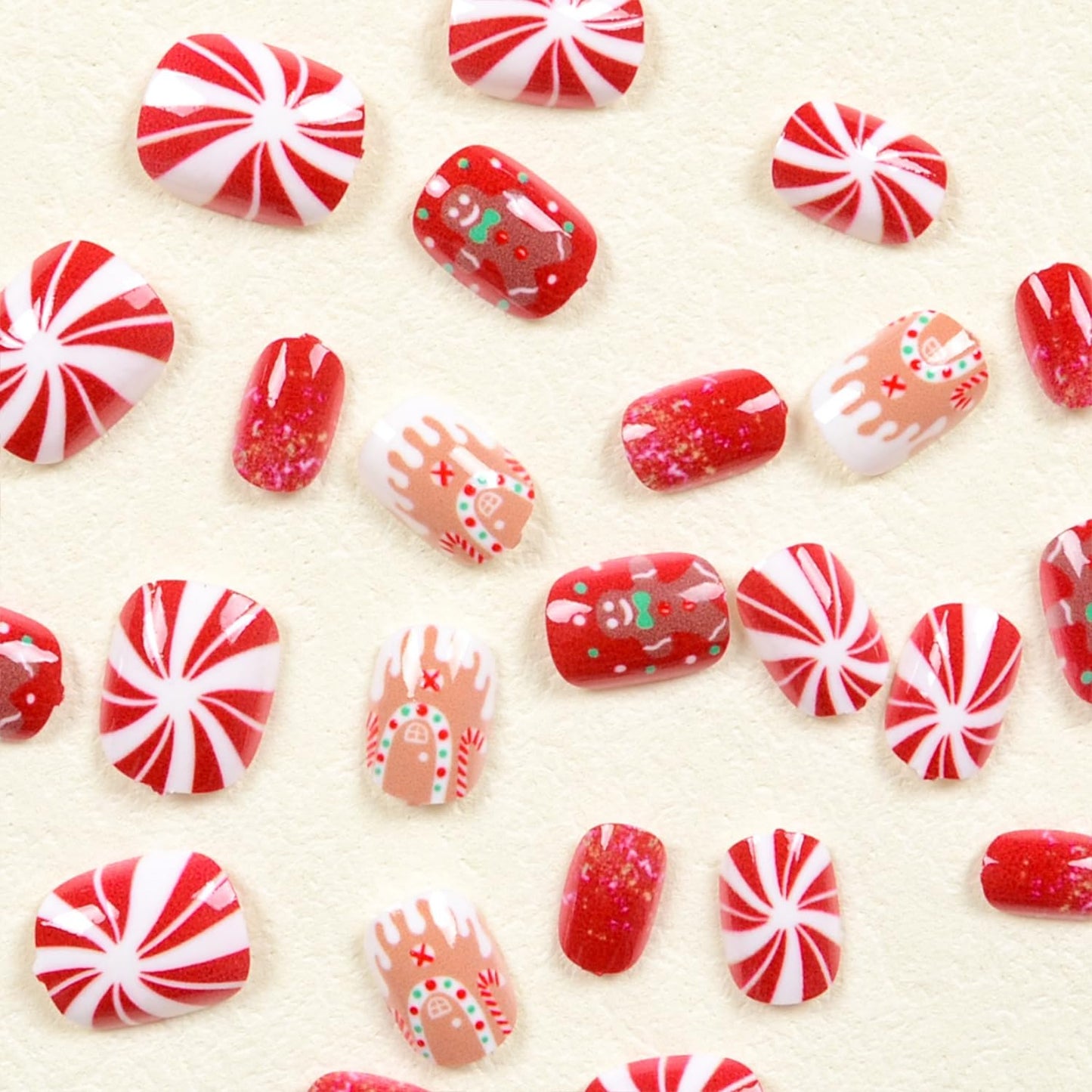 Christmas Press On Nails Short Square Fake Nails Christmas Red Nails Press ons with Gingerbread Man Designs Winter Holiday False Nails Acrylic Nails Glossy Full Cover Stick On Nails for Women