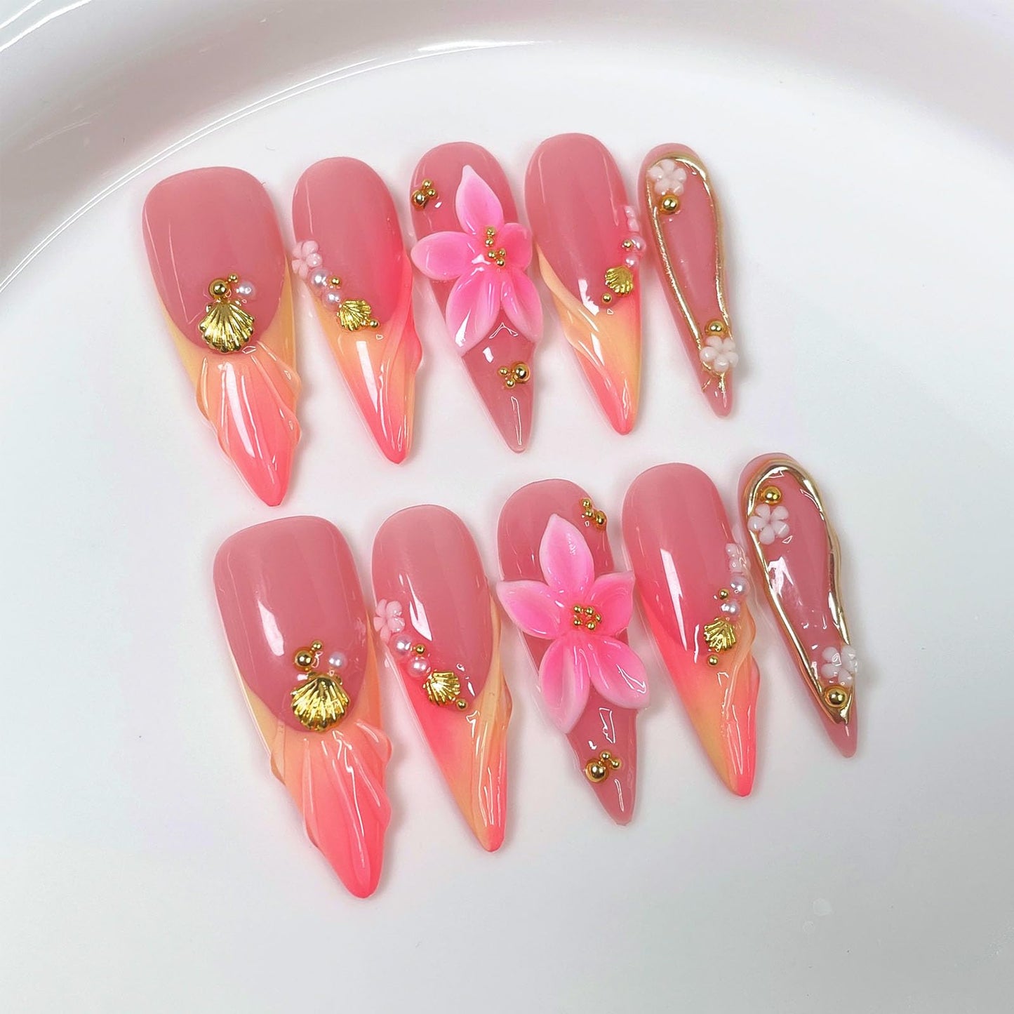 10 Pcs Handmade Press on Nails Long Stilettos Fake Nails with 3D Flowers French Tip Design Pink Acrylic False Nails Stiletto Press Ons Nails for Women Wedding Manicure - M Size