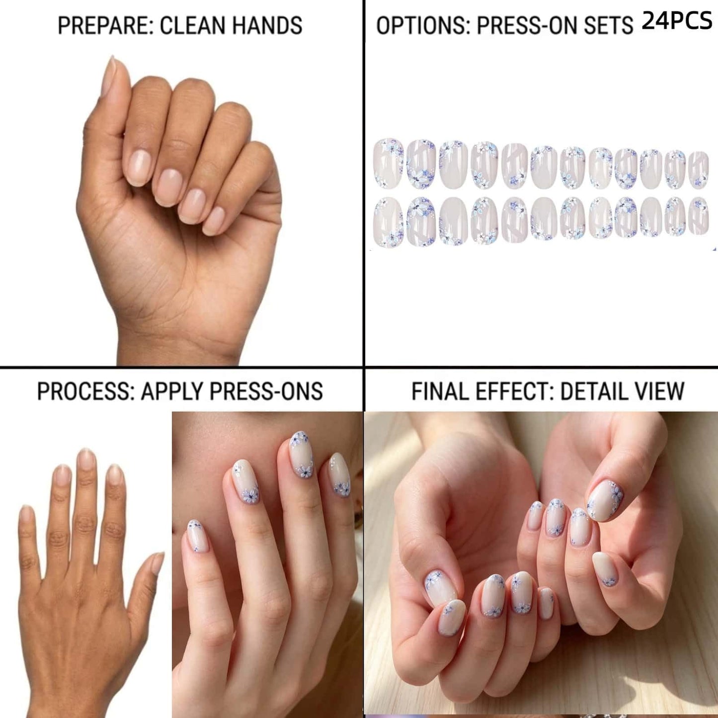 French Flower Press on Nails Short Round Fake Nails with Blue Floral Design Glossy White Glue on Nails Spring Summer Reusable Artificial Nail Full Cover Stick on Nails for Women 24Pcs