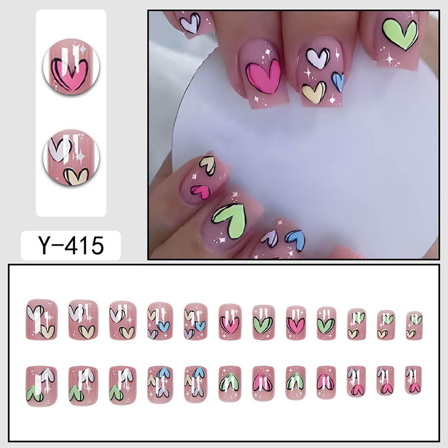 Rilafuvu Short Press on Nails Square Fake Nails Colorful Heart Short Glue on Nail with Design Square False Nails Pink Full Cover Acrylic Nails 24Pcs Stick on Nail for Women Girls