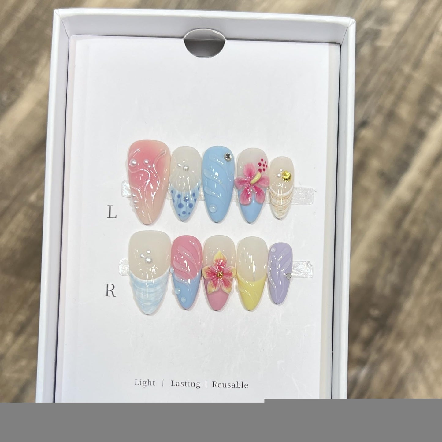 Spring Garden Fake Nails | Sweet & Elegant Press on Nails with 3D Flowers, Pearls & Glitter | French Manicure in Pastel Colors for Women & Girls (M)