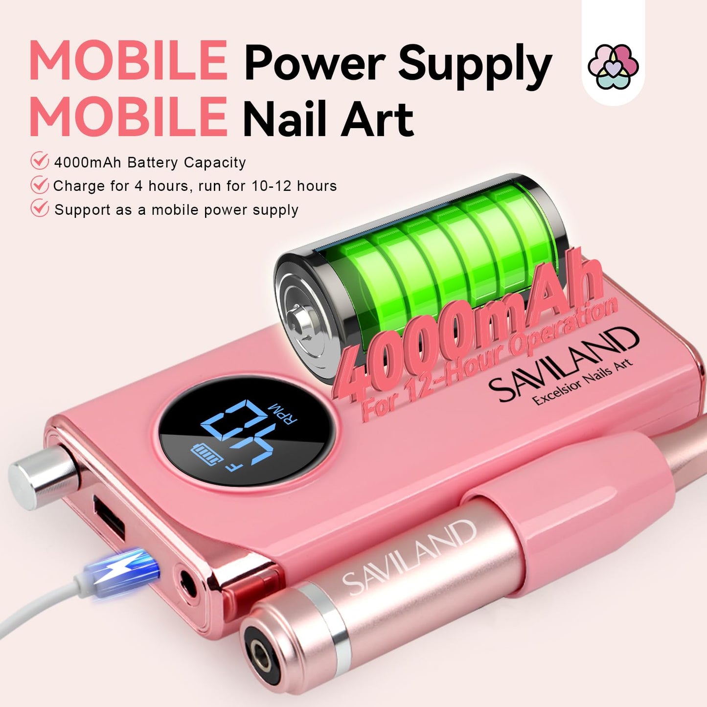 SAVILAND Electric Nail Drill Professional: 40000RPM Pink Rechargeable Portable Electric Nail Filer with 6000mAh Battery, for Shaping, Removing & Polishing Acrylic Nails Home Salon Manicure Gift