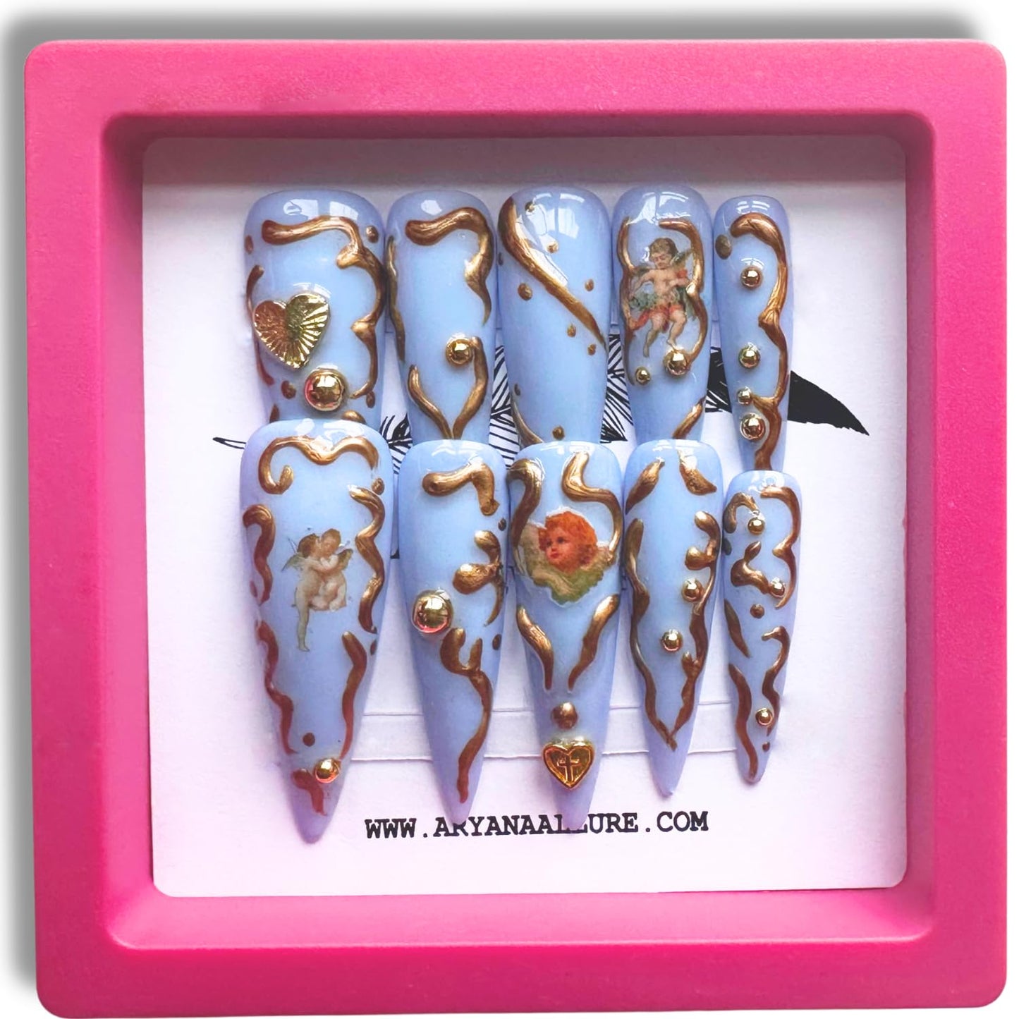 ARYANA NEW YORK 3D Press on Fake Nails Blue Angels Long Stiletto Press on Luxury Design for Women 10 PCS Acrylic Handmade, Blue Angels Collection- (Small)