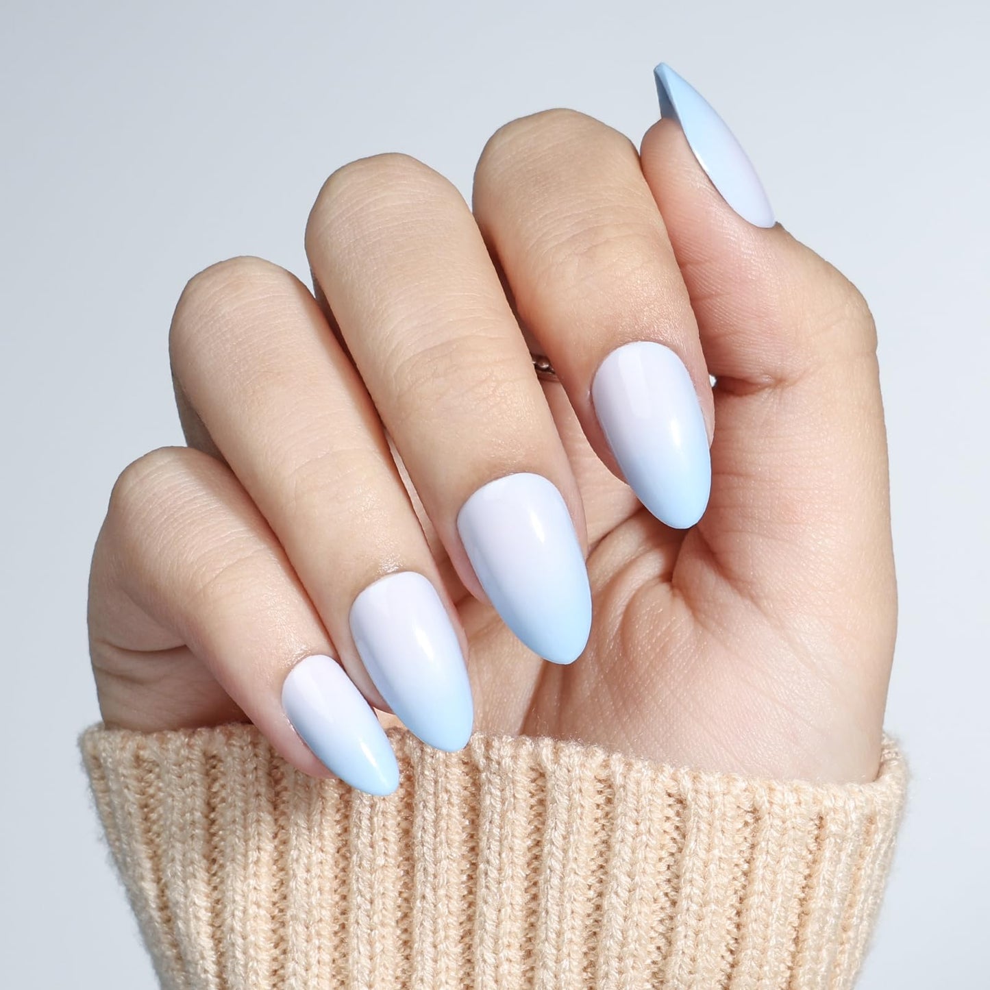 Ombre Press On Nails Short - Blue Almond Ombre French Tip Press On Nails, Reusable Fake Nails Kit with Glue, 32 Nails in 16 Sizes | Salon Quality