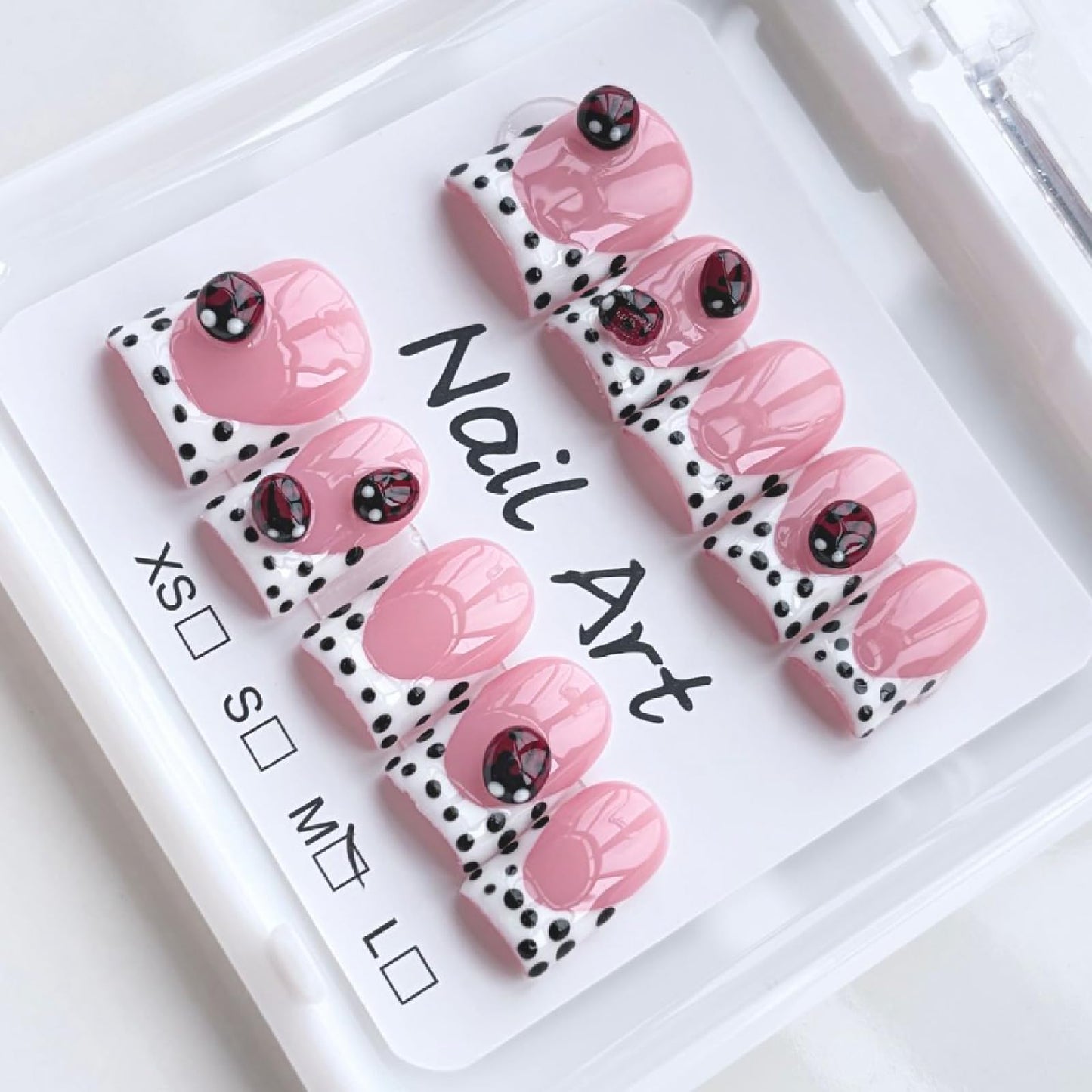 Threelegscat Short Handmade Duck Pink Press on Nails Acrylic White French Tips with Polka Dot Salon Quality Fake Nails 10 PCS Size M for Women & Girl,Daily Wear p10