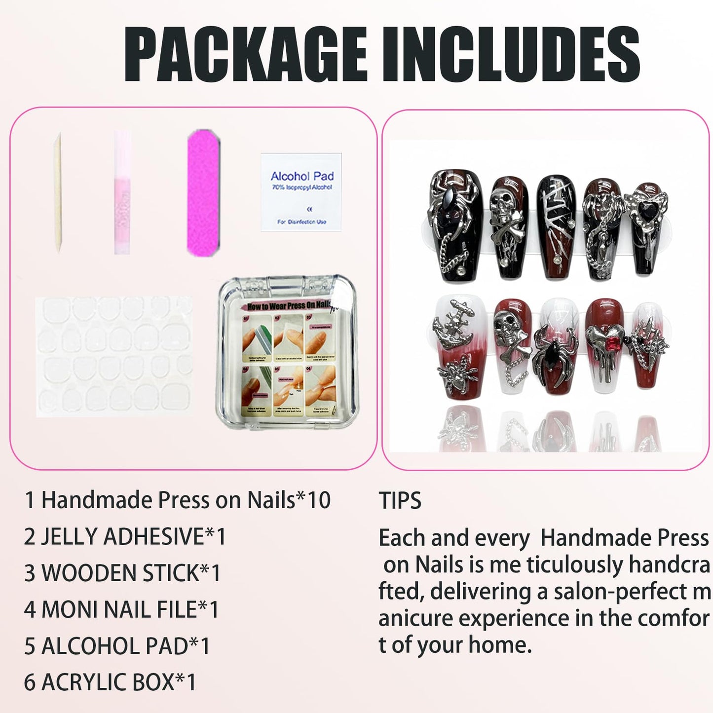 Handmade Skeleton Press On Nails long Coffin Reusable Stick On Fake Nails Luxury Elegant Sexy Style For Women Gift With Nail Glue Red Black L