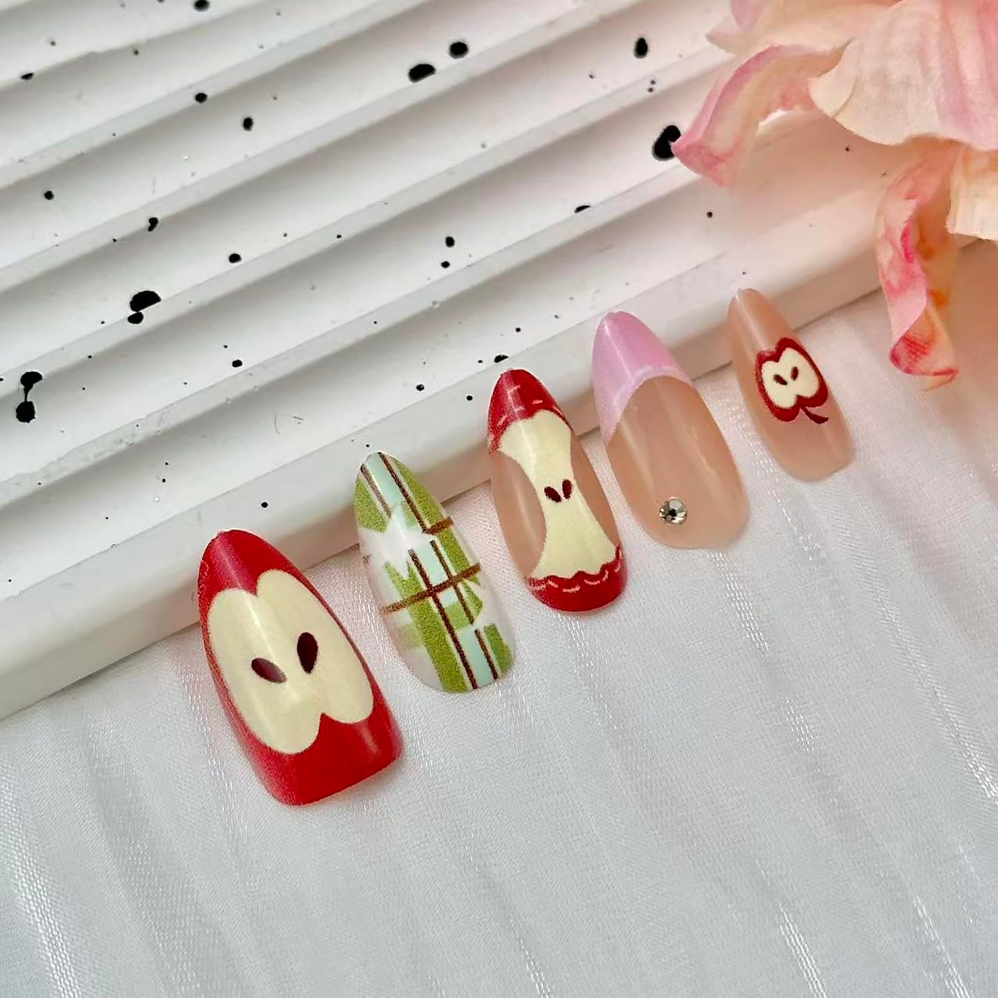 30pcs Almond Press on Nails Medium Fake Nails Pink French Tip Glue on Nails with 3d Rhinestones Designs Cute Apple Full Cover False Nails Green Plaid Star Artificial Stick on Nail Decoration for Women