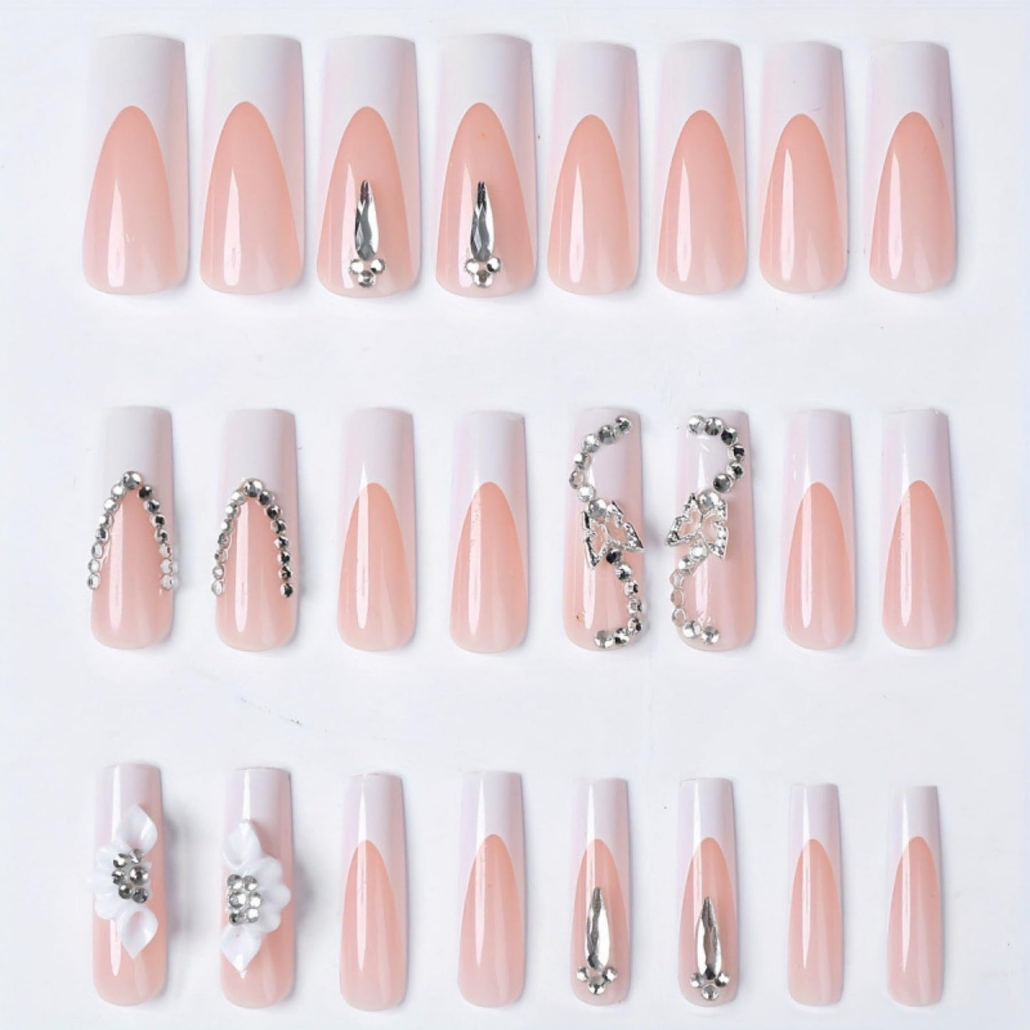 Octoswave Square Press on Nails Long Fake Nails White French Artificial Nail Sparkly Bow and Rhinestones Stick on Nail for Women 24pcs