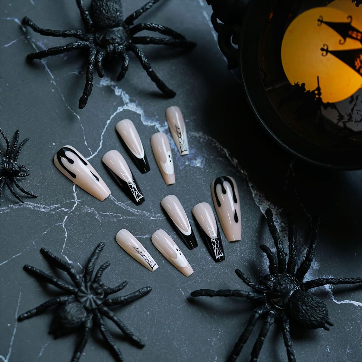 Halloween Press on Nails Long Coffin Fake Nails Cute Ghost False Nails with Designs Spooky Spider Web Glue on Nails Full Cover Nude Acrylic Nail White Black French Tip Nail for Women 24 Pcs