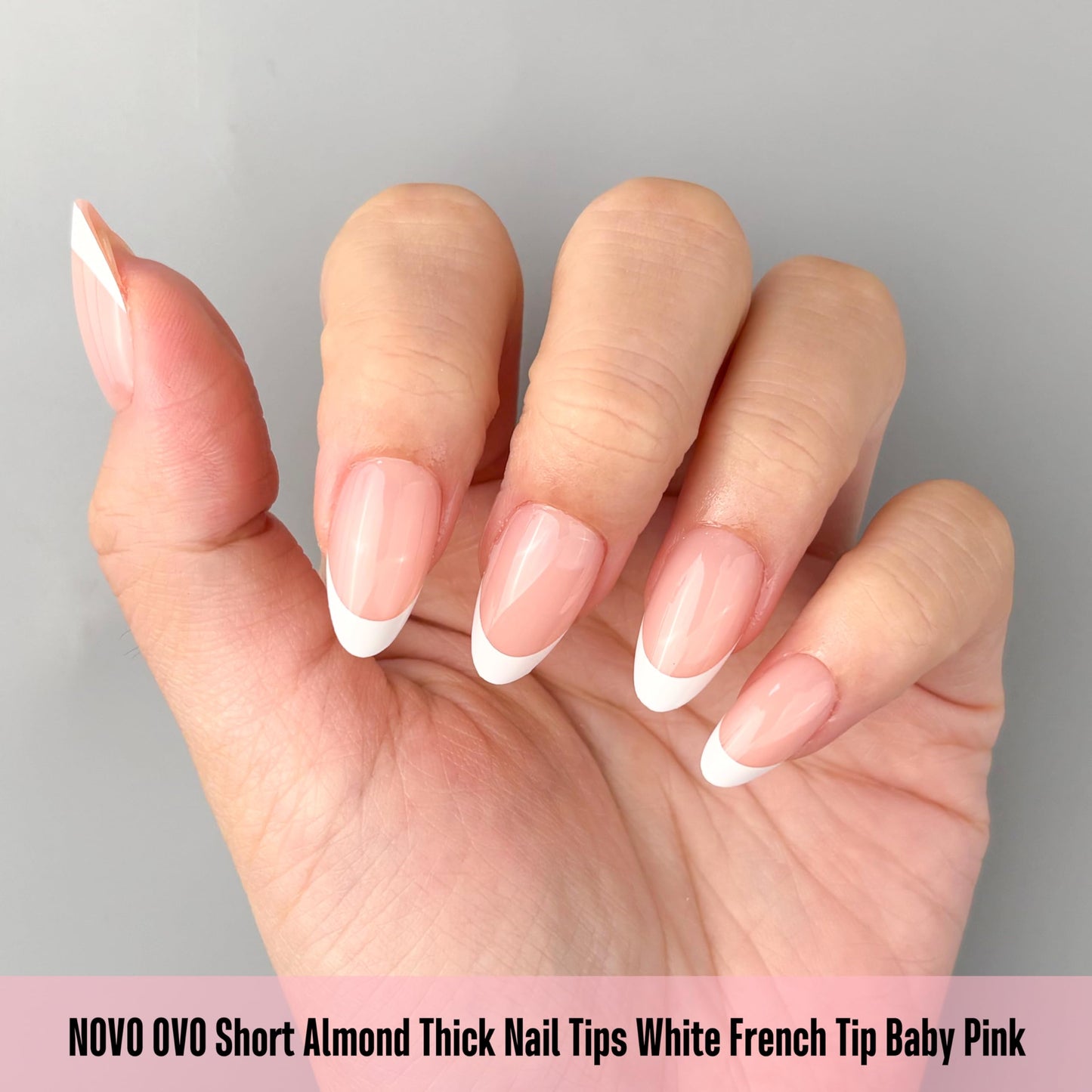 NOVO OVO Almond Short White French Tip Nail Tips Press on BABY PINK, Extra Thick Full Cover False Fake Nails, Need Builder Gel Top Coat & Glue, for Salon DIY Acrylic Extension x 16 Sizes 224 pcs