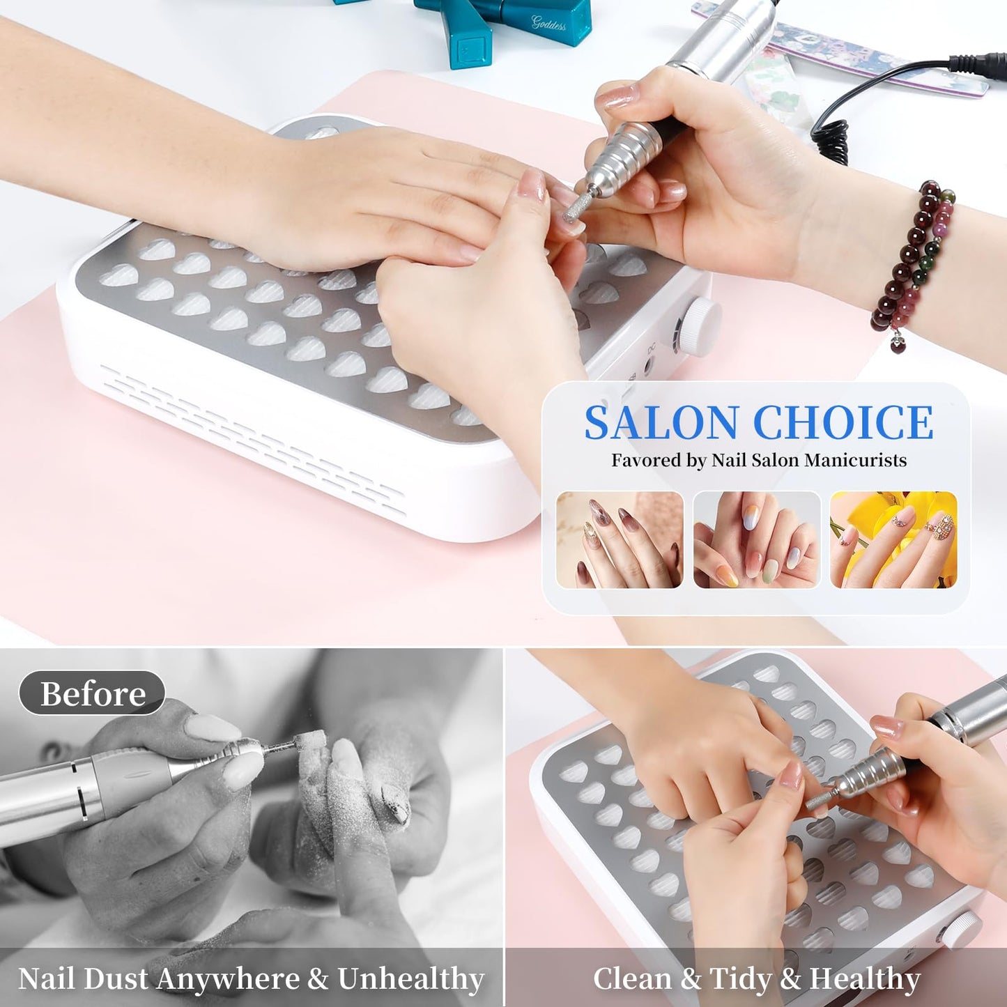 ANGNYA Nail Dust Collector with Lamp,Vacuum Fan Rechargeable Dust Collector with Dust Brush Powerful Brushless Dust Collector for Acrylic Gel Nail Polishing, Perfect for Salon Home Use