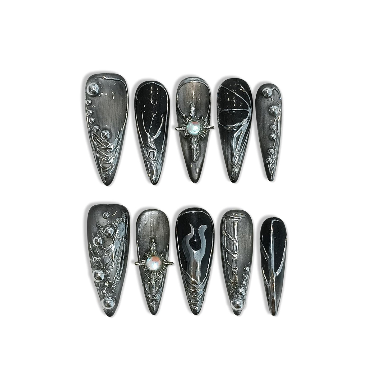 TENPAL Cat Eye Black & Mirror Powder Gradient Obsidian Press on Nails Long Stiletto,Hand-Painted Butterfly & Meteor Designs Fake Nails with Tools,3D Crystal Gothic Punk Nail Kit with Tools 10pcs(L)