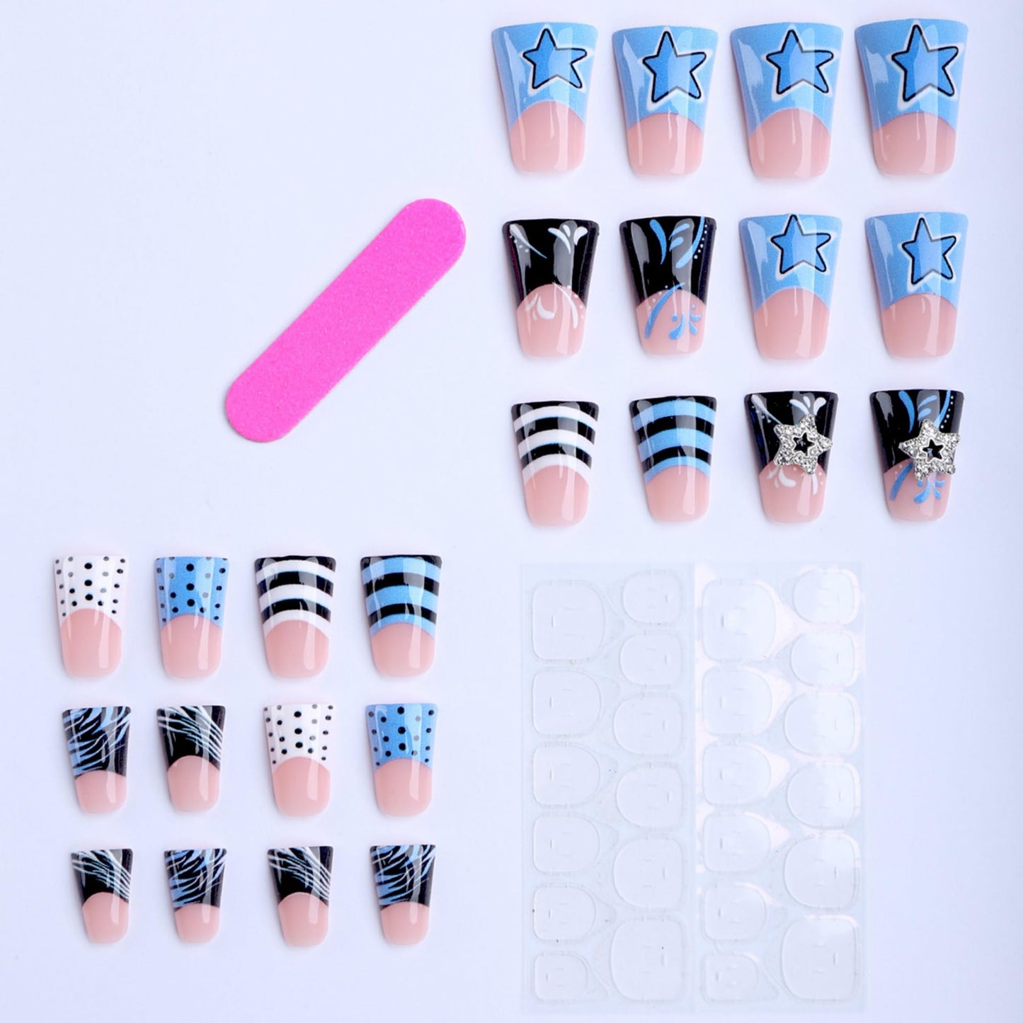 octoswave Press on Nails Duck Shape Blue Star Design Medium Flare Fake Nails for Women Party Y2K Style 24Pcs