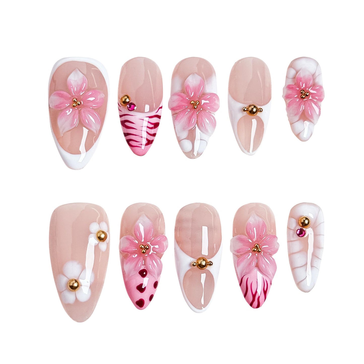 10PCS Pink Floral Press-On Nails - 3D Romantic Spring Blossom Nails, Nude & Pink Girly Elegant Pastel Flower Acrylic UV Gel Fake Nails for Women (Pink, XS)