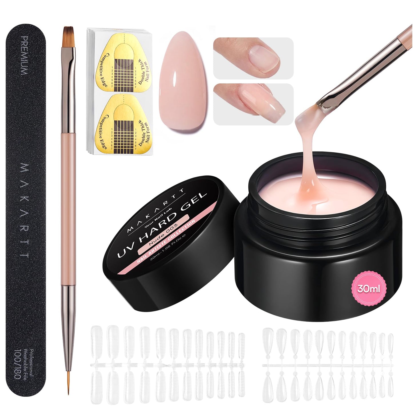 Makartt Nude Gel Builder Kit, Self Leveling Builder Nail Gel for Strengthener, Broken Nails Repair Gels Kit with Paper Forms, Dual forms, Nail File, Dual-End Brush Home Salon DIY 1.06 oz