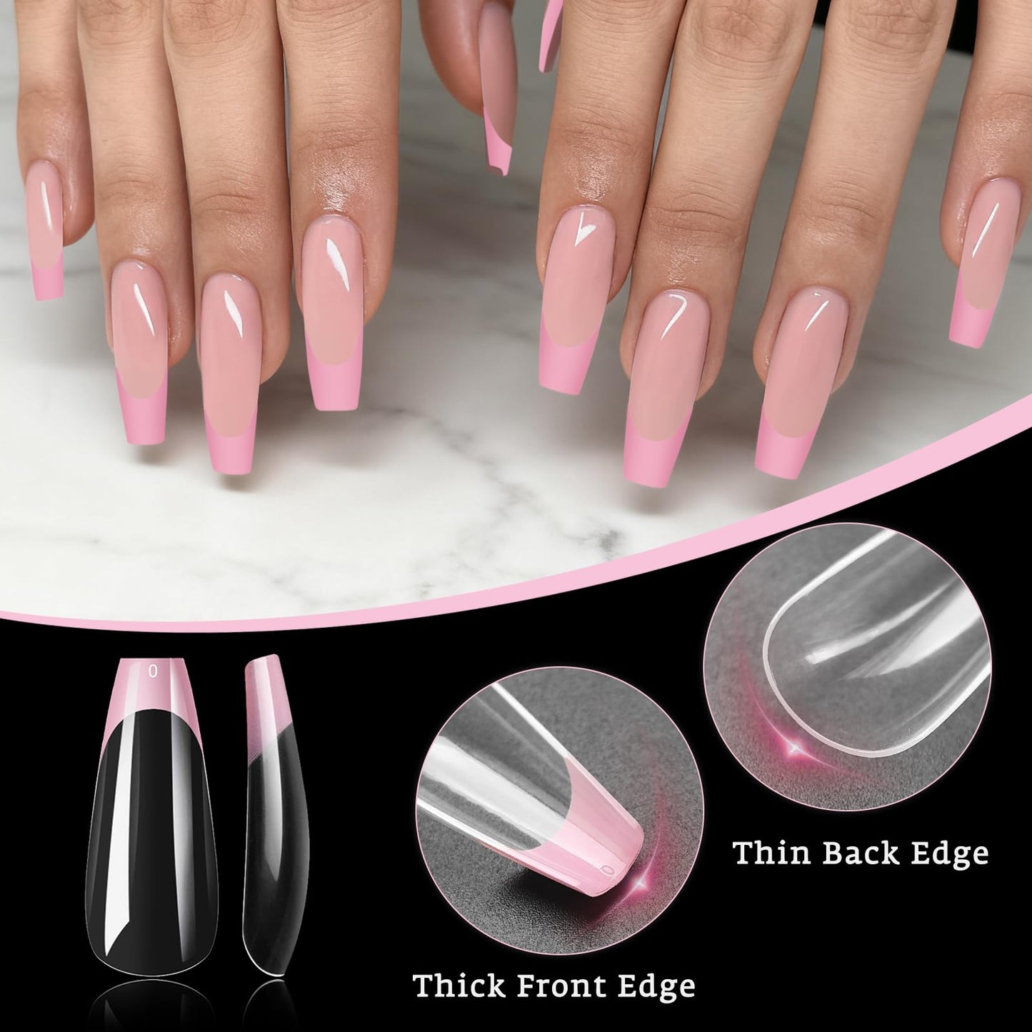 Bellelfin Pink French Tip Press on nails Long Coffin Fake Nails, 120PCS Coffin Nail Tips Long French Tip Nails, Clear Acrylic Nail Press on Full Cover False Nail