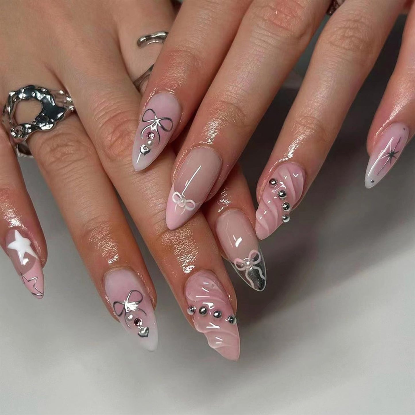 SINHOT Y2K Press on Nails Medium Almond Fake Nails with Glue Pink False Nails Stiletto 3D Design Bowknot Ballerina Acrylic Nail 24pcs