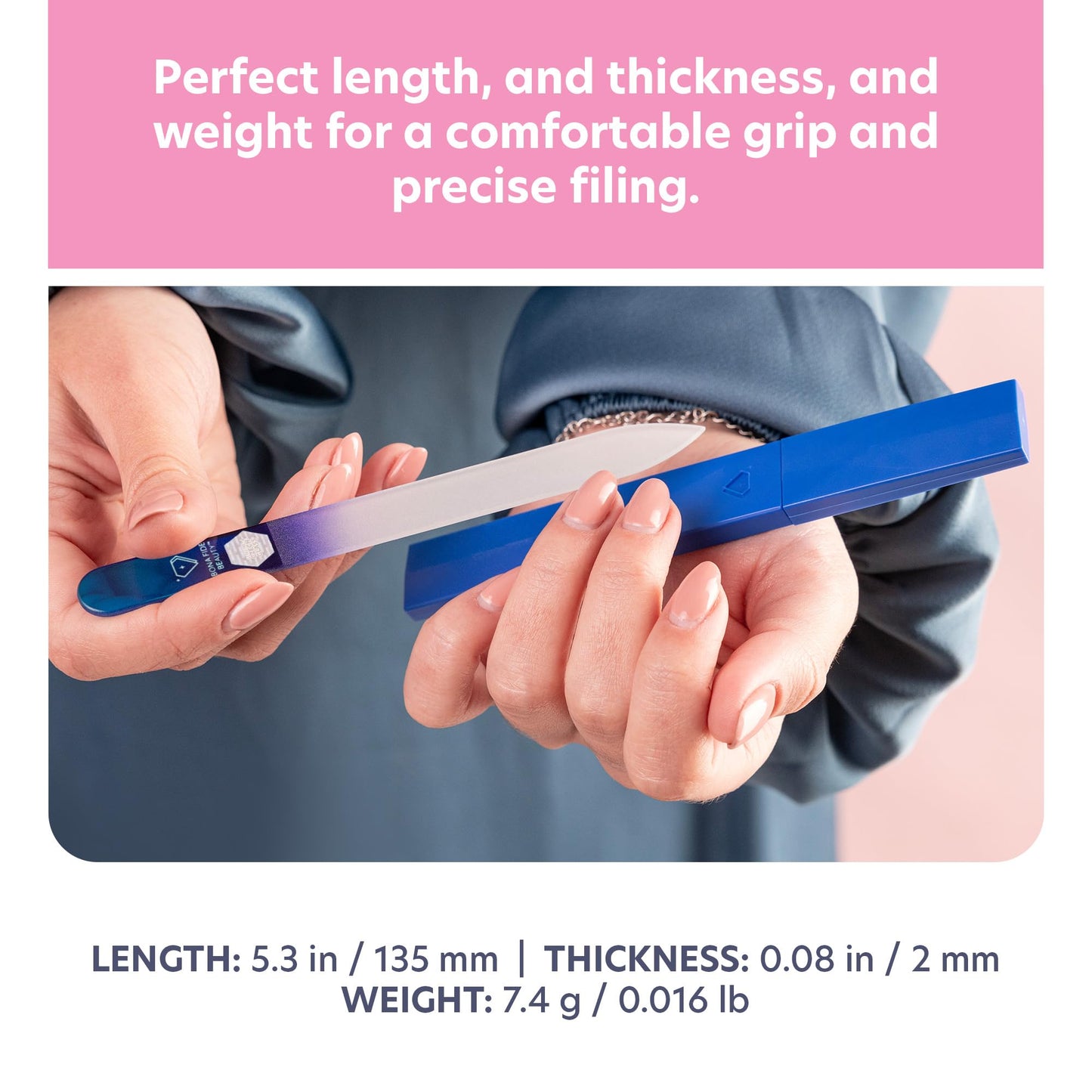 Bona Fide Beauty Glass Nail File with Case, Aqua Cobalt Czech Glass Fingernail Files Handcrafted from the EU. Ideal Nail Care Tool for Natural Nails.