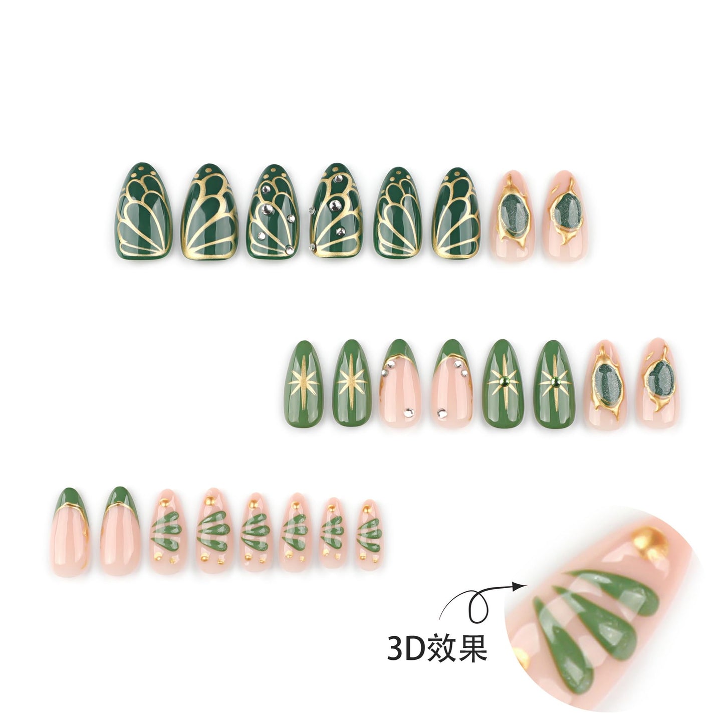 LBPEPAMZ 24Pcs Green Press on Nails Medium Almond Fake Nails with 3D Rhinestones Design Gold Butterfly Star Full Cover False Nails Gilded French Tips Full Cover Glossy Glue on Nails for Women Decor