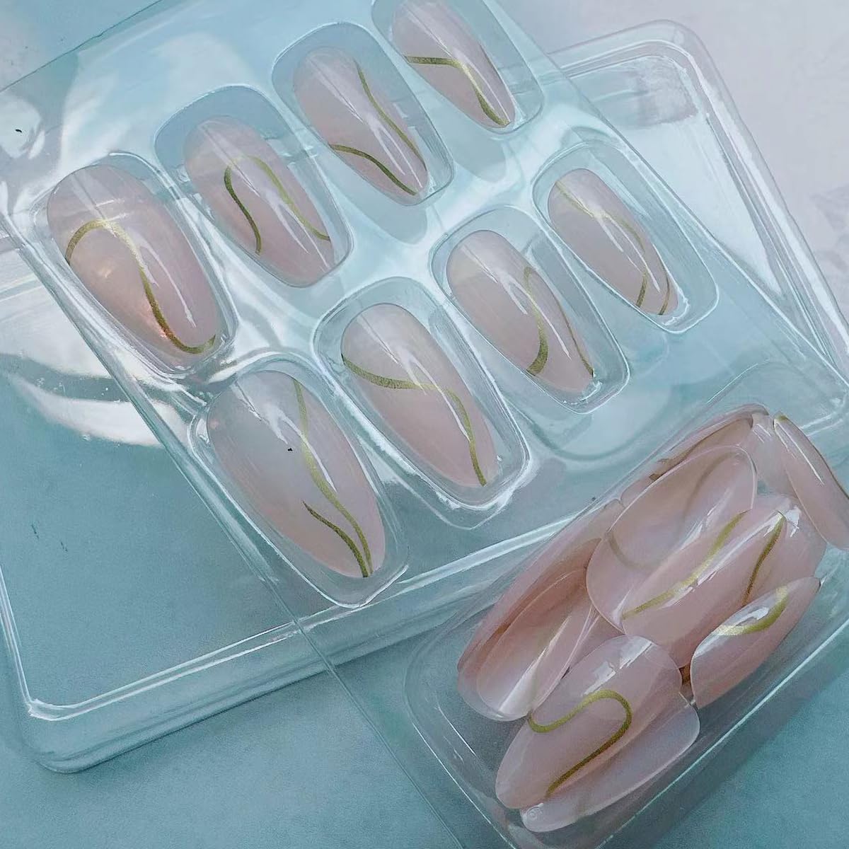 Almond Press on Nails Medium with Curve Line Design, Glossy Gold Glitter Lines False Nails Gel Glue on Nails, Press ons Stiletto Nails Natural Nude Reusable Acrylic False Nails for Women Daily Wear