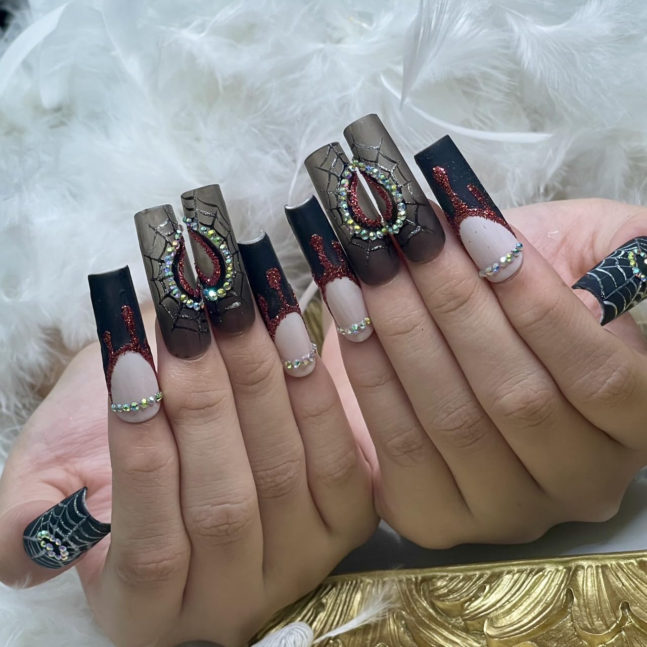 Halloween Press on Nail Handmade 3D Halloween with Rhinestones Fake Nails, False Tip For Women and Girls Full Cover - Haflona (Halloween Heart Size S&M)