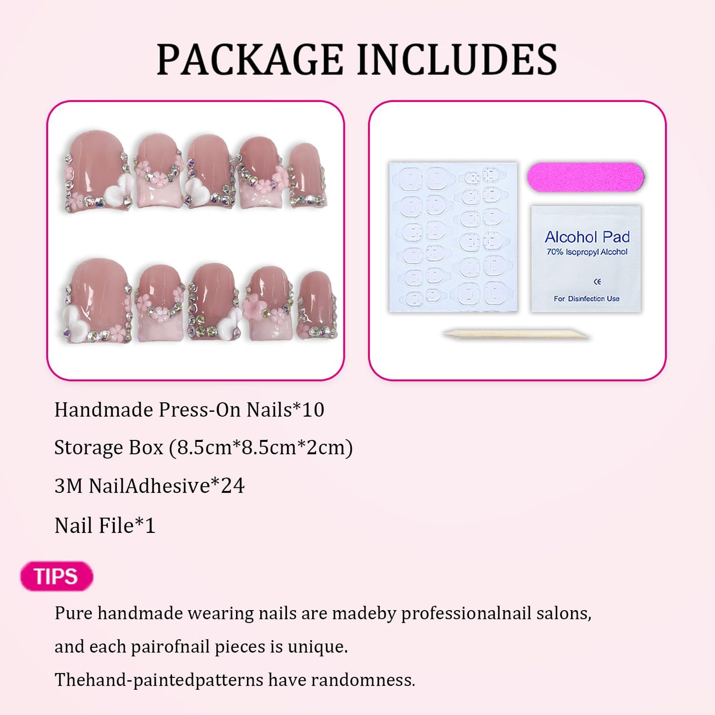 Handmade Press on Nails Short Square 3D Floral Pink French Tip Acrylic Fake Nails with Rhinestone Designs Muti-Layer Gel Thicked Stick on Nail Art Glossy False Nails for Women (M)