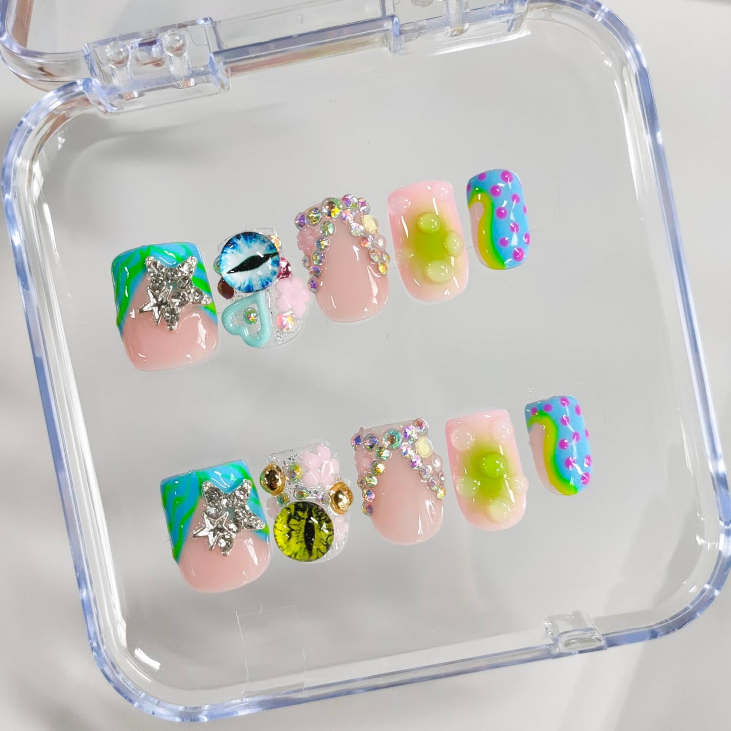 Handmade Press on Nails Short Square 3D French Tip Thick Acrylic Fake Nails Y2K False Nails with Polka Dots Eyes Charms Rhinestones Stars Water Drop Designs Sturdy Nail Art Press on Nails 10Pcs(S)