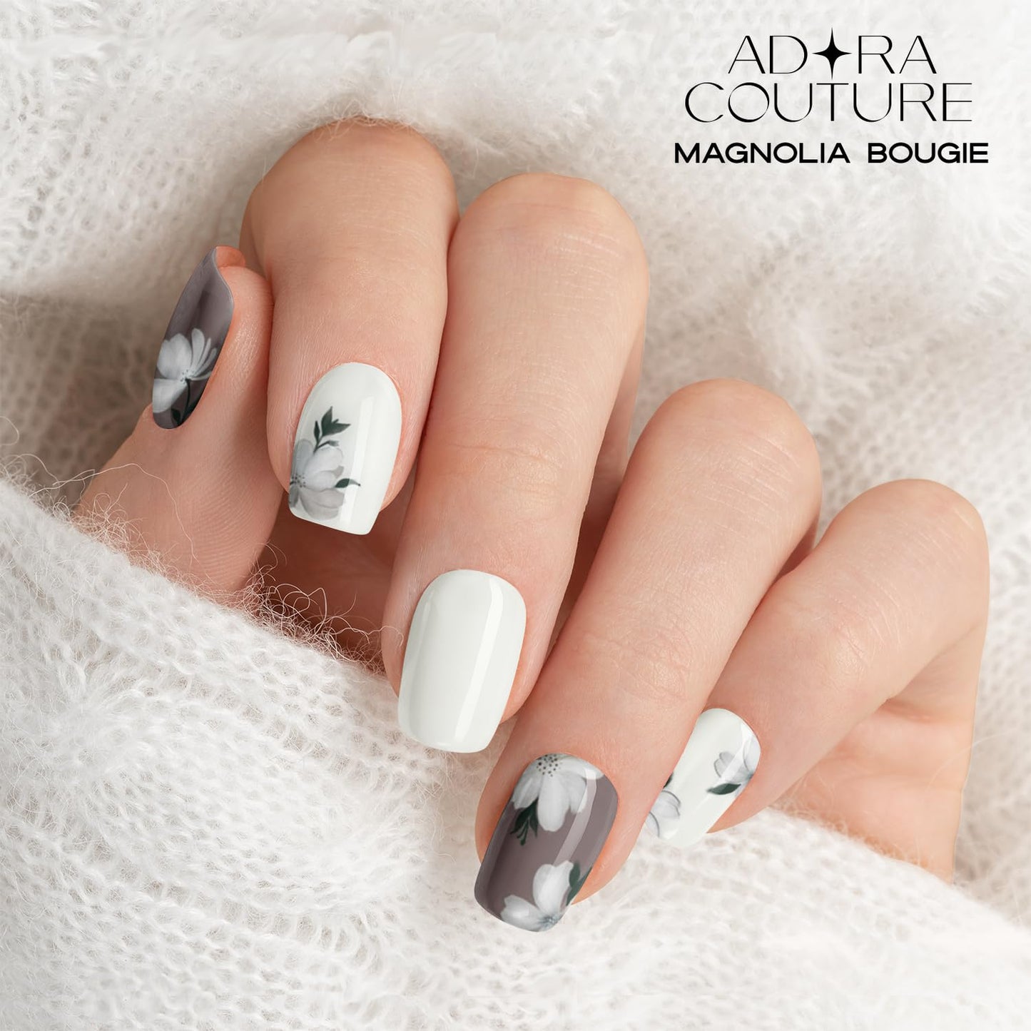 Adora Couture Semi Cured Gel Nail Strips with 30 Pieces - Salon Quality Manicure Kit for Women Easy Application Wraps Includes Prep Pads Nail File Wooden Stick, UV Light Required (Ivory Magnolia)