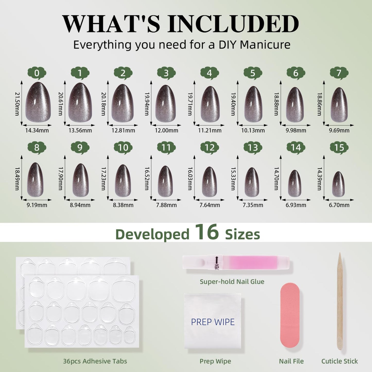Black Cat Eye Press On Nails Almond - Ombre Black Short Almond Fake Nails, White Cateye Press On Nails Reusable Stick On Nails in 16 Sizes, 32pcs False Nail Kit for Women & Girls (Still Light)