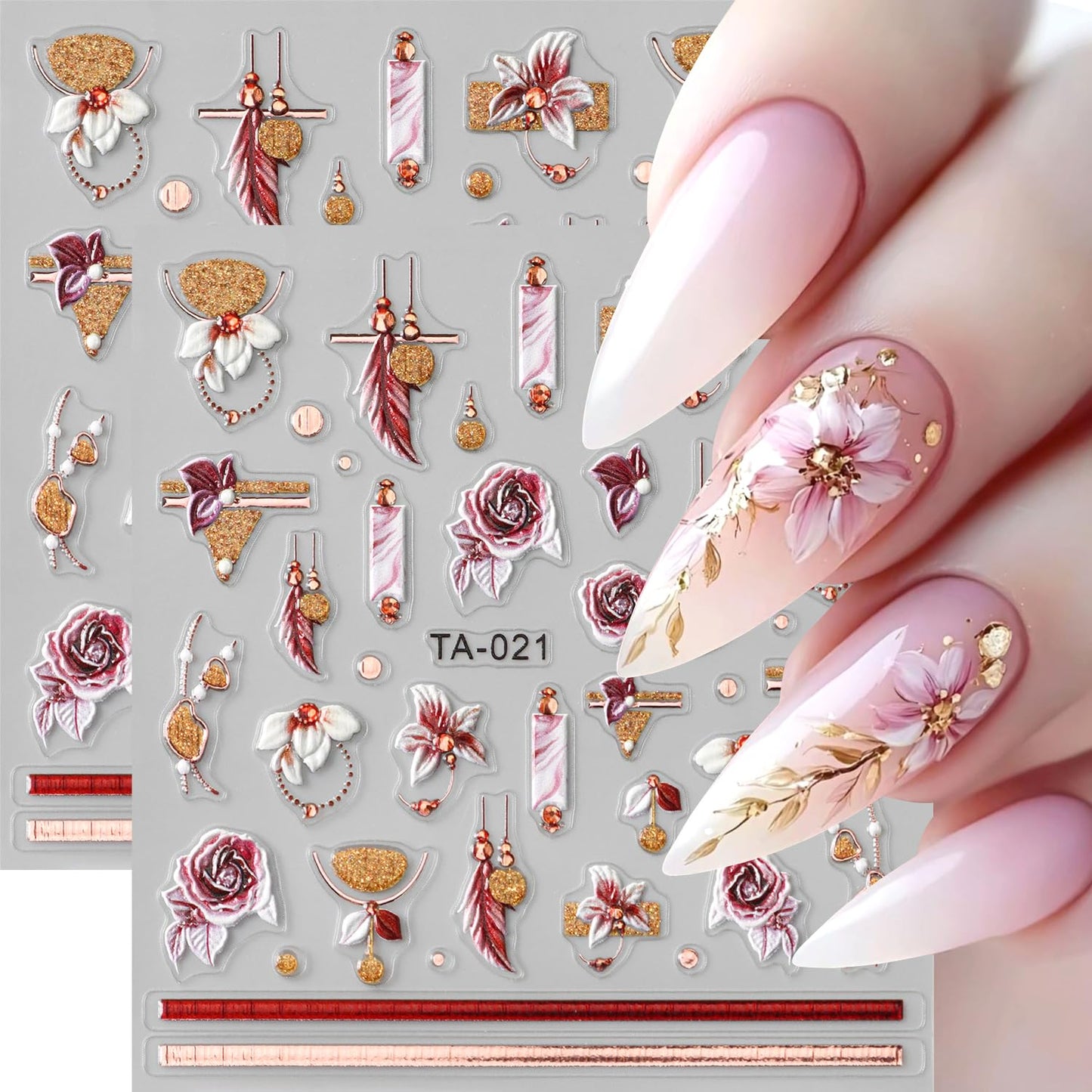 2Sheets 5D Embossed Flower Nail Art Stickers Self-Adhesive Smudge Rose Flowers Feather Nail Decals with Rhinestone Design Nail Sticker Cute Floral French Nail Decal for Women Autumn Winter Nails Decor