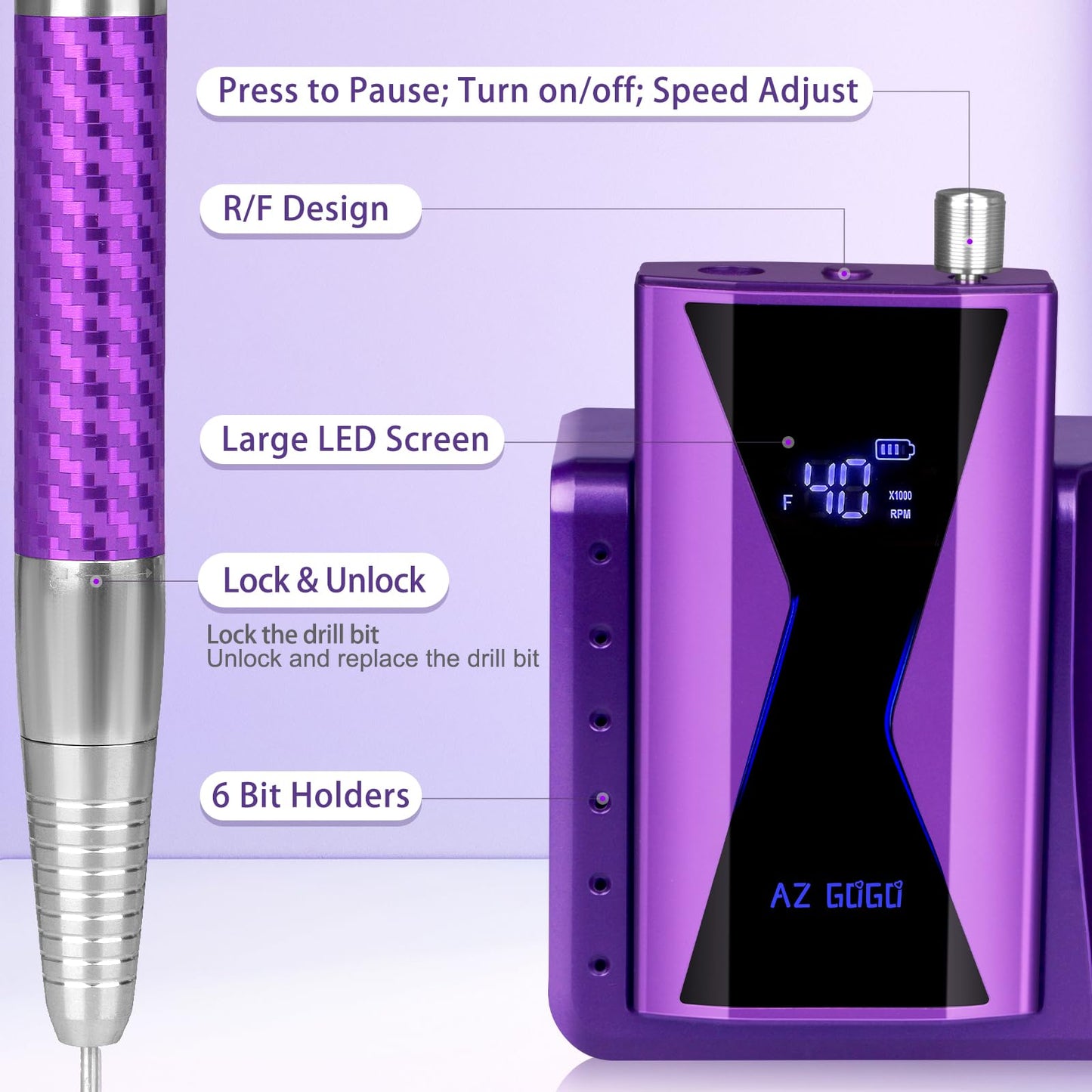 Professional Brushless Nail Drill, AZ GOGO 85W Cordless Electric Nail File 40000RPM Rechargeable Portable Nail Drill Machine for Gel Acrylic Nails, High Torque Quieter for Salon Nails Art (Purple)