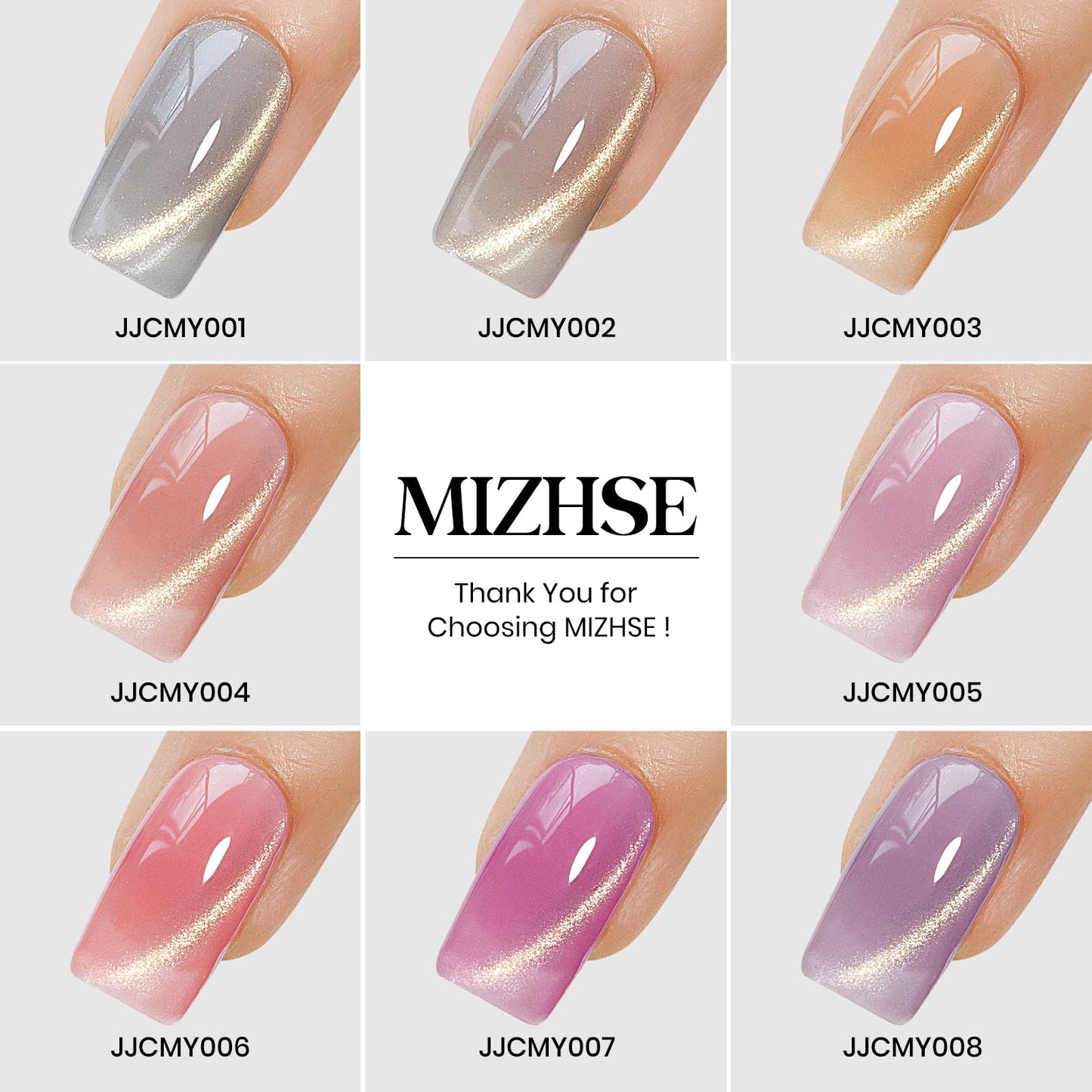 MIZHSE Cat Eye Gel Nail Polish, 8 Colors Glass Magnetic Gel Polish Set with Magnet Stick, Crystal Jelly Pink Purple Colors with Gradual Gold Cat Eye Effect Nail Gel Soak Off Nail Art Valentine's Gift