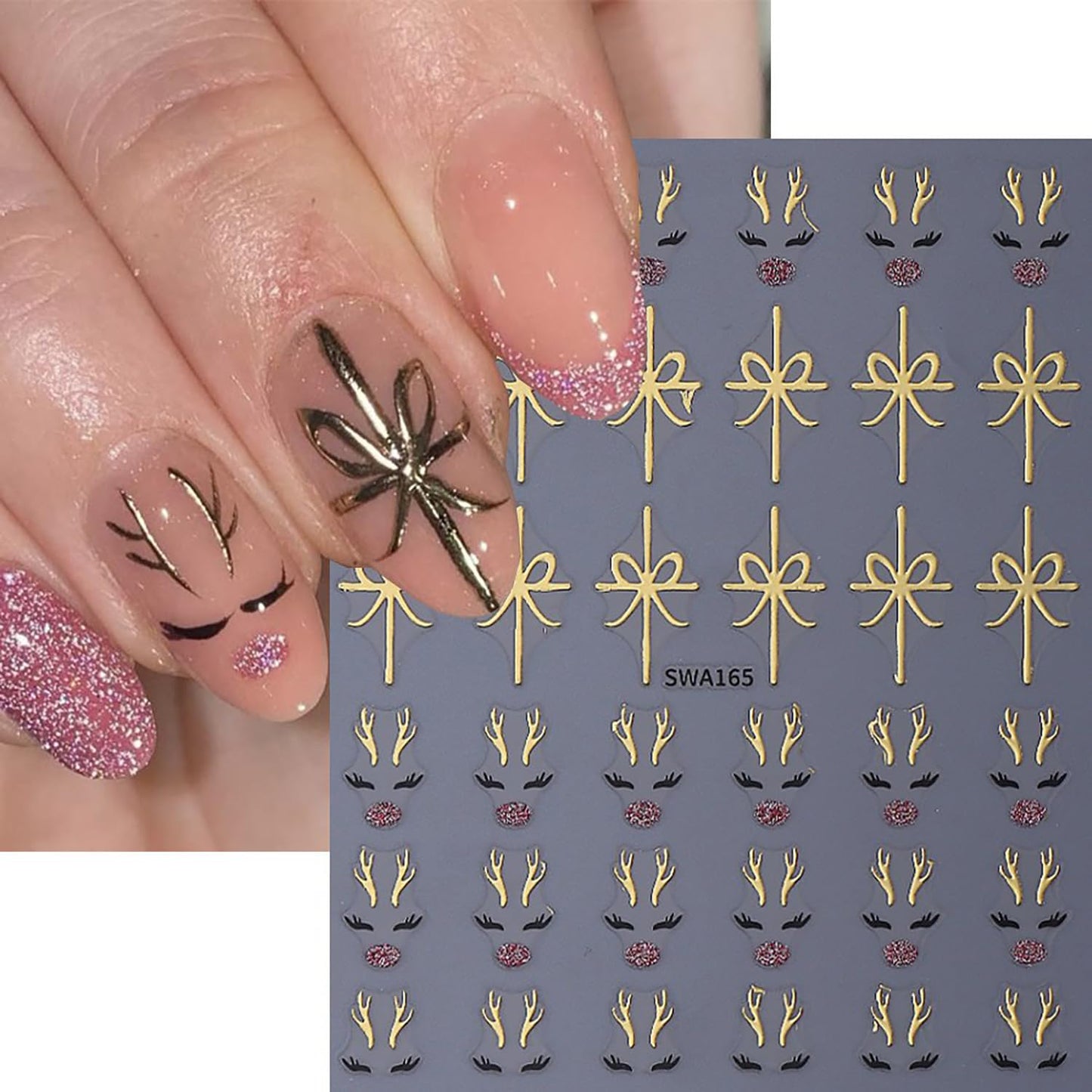 CJDLTS 6 Sheets Christmas Bow Cute Elk Nail Art Stickers Winter Holographic 3D Self -Adhesive Gold and Rose Gold Christmas Day Elk Bow Nails Decals Decoration for Women Xmas DIY Manicure