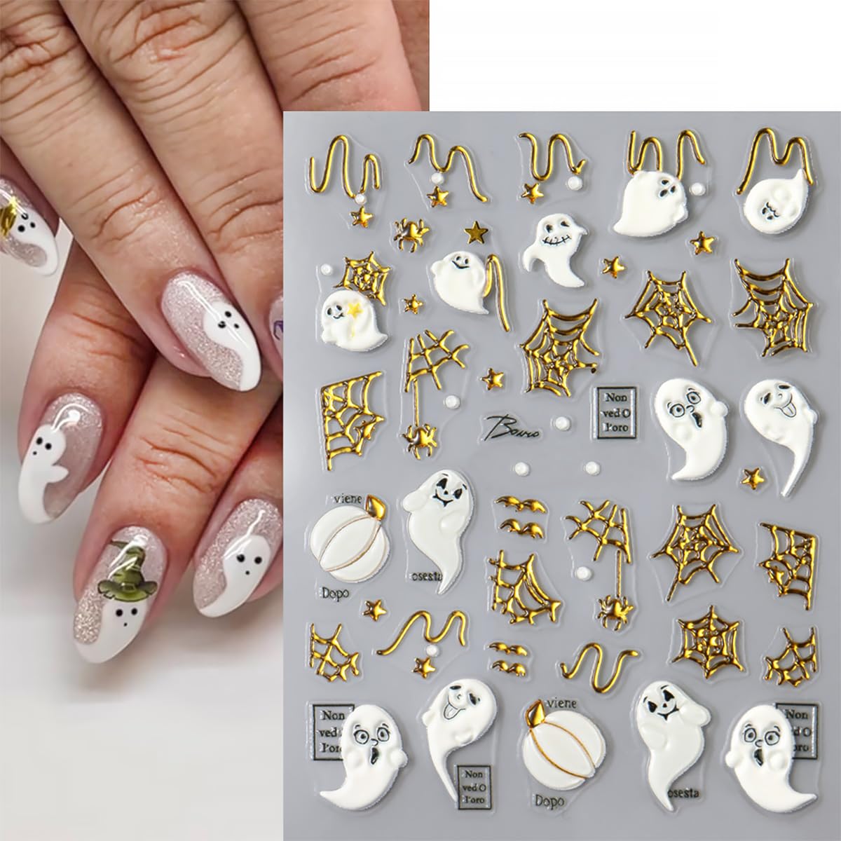 Halloween 5D Embossed Gold Spider Web Nail Art Stickers Cute Ghost Nail Art Decals Self-Adhesive Pumpkin Nail Decals Star Bat Nail Stickers Holiday Nail Supplies for Women Acrylic Nails 6 Sheets