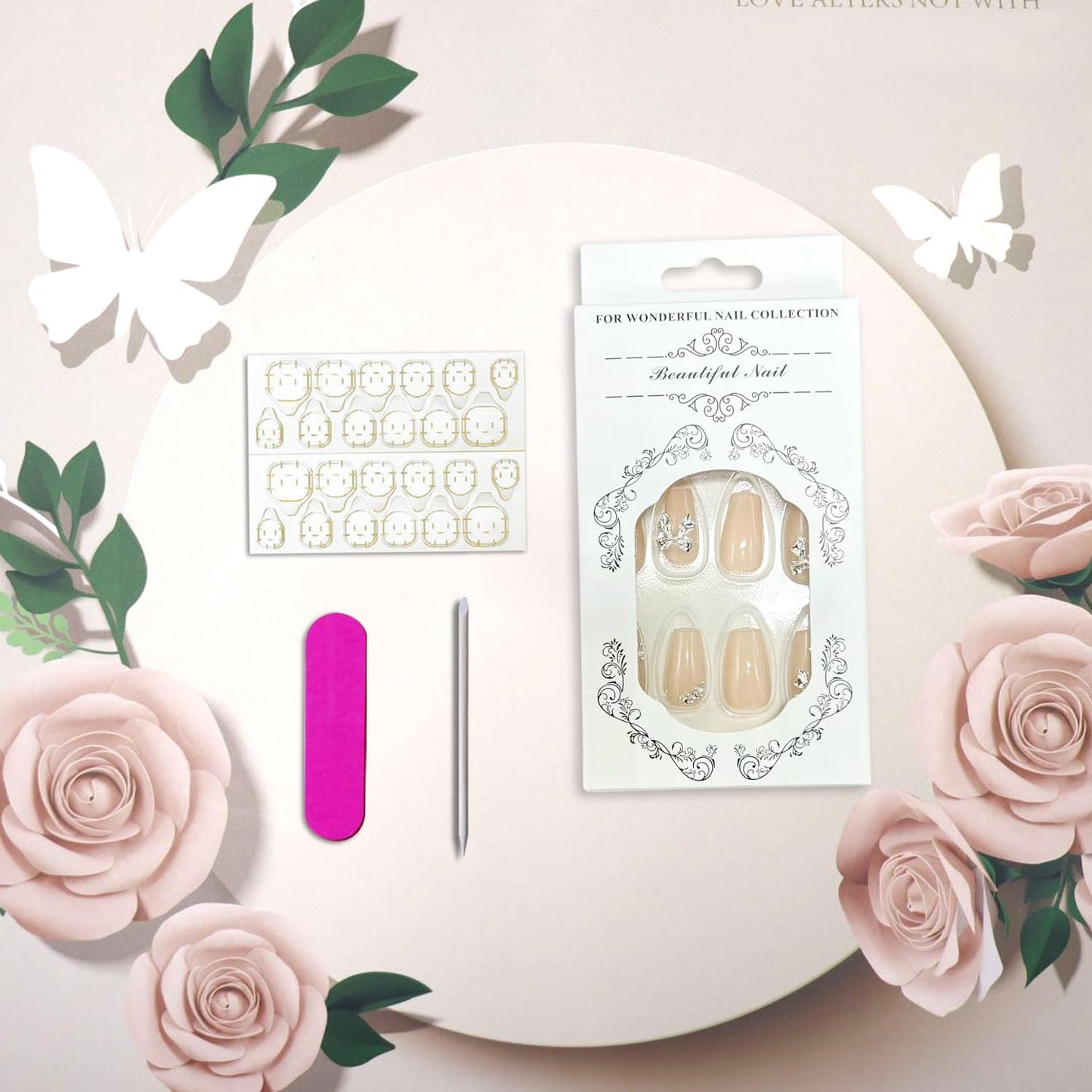 Vopintpy 3D Silver Bow Press on Nails Short Square Fake Nails with Design Nude Glossy Acrylic Glue on Nail Reusable Full Cover Artificial Stick on Nail for Women DIY Manicure