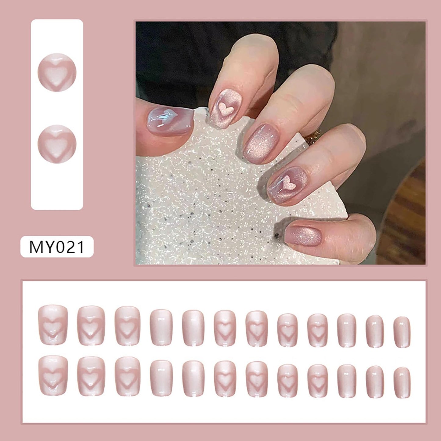 FIEONCIY Press on Nails Short Square Shaped Glossy Full Cover Acrylic Extra Short Square False Nails with Love Heart Designs Artificial Fake Nails Glue Stick ons Fingernails for Women Girls(MY021)