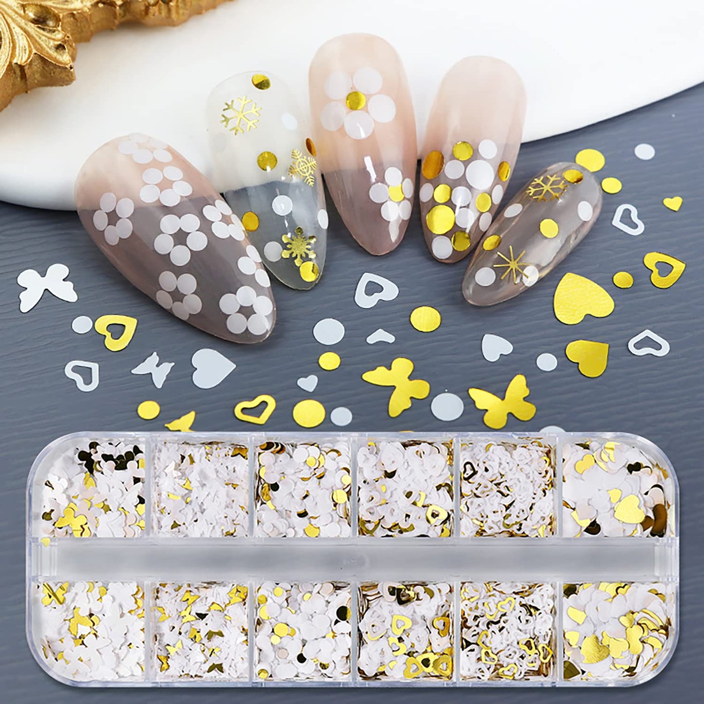 Gold Glitter Sequins, Holographic 3D Love Heart Butterfly Circle Glitter Flakes, Sparkly Gold White Nail Designs Set for DIY Shiny Nails Crafts