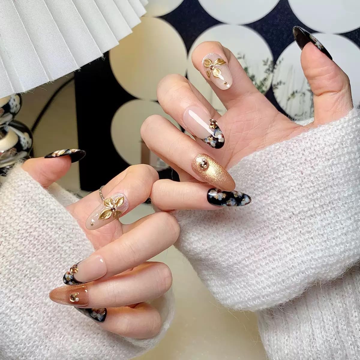 Medium Press on Almond Nails - Handmade Fake Nails with Flower Design - Black, Gold, Glossy False Nails for Women (Size S)