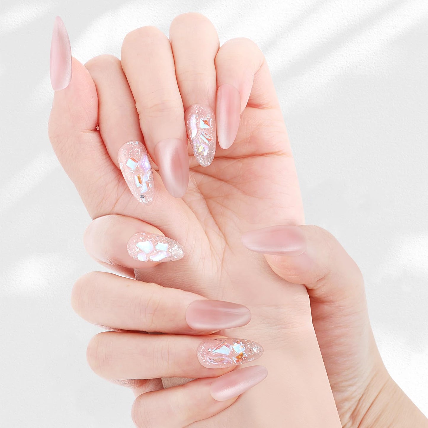 Yacey Handmade Press on Nails Short Almond, Reusable Soft Muti-Gel False Nails Press Ons, Pink Cat Eye Thick Acrylic Fake Nails, 3D Artificial Bling Glossy Glue on Nails for Women Girls (10 Pcs, M)
