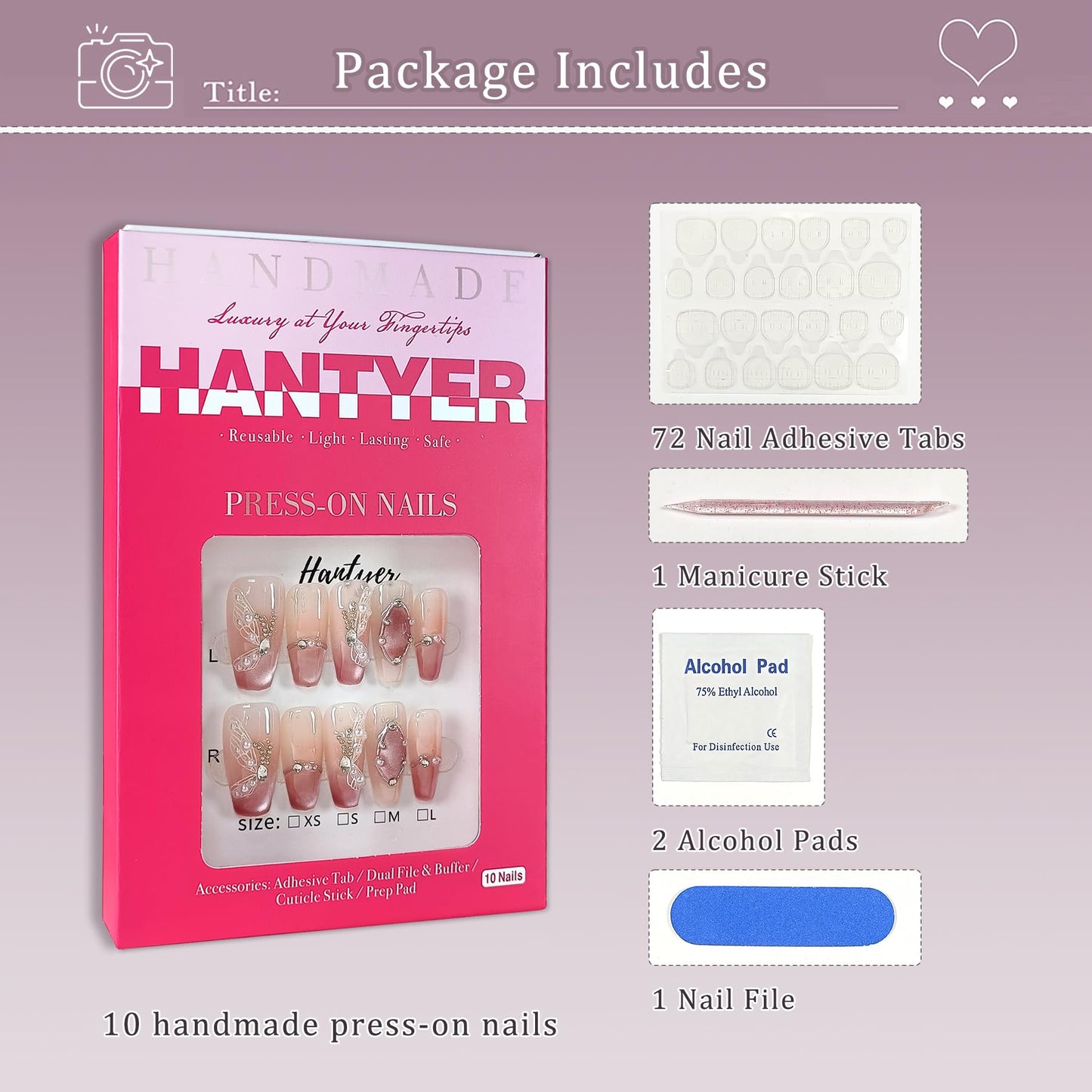 Hantyer Press on Nails Medium Coffin False Nails with Butterfly Design, White Rhinestones & Pearls, Pink Gradient Glossy Cat Eye, Handmade Tips with Tool Kit Salon Nails Sweet Style for Women(Size M)