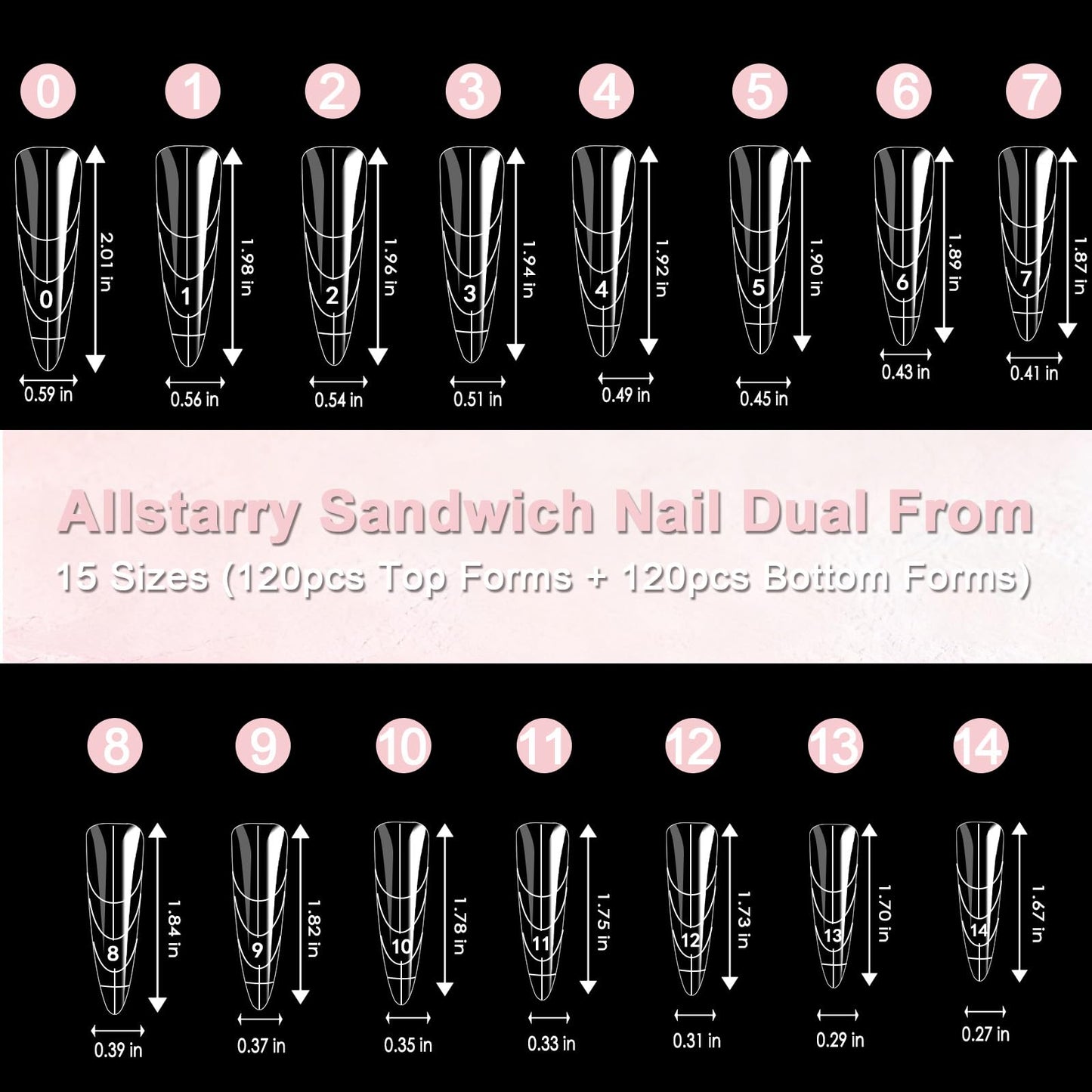 Allstarry Sandwich Dual Nail Forms, Reusable Sandwich Dual Forms 240pcs 15 Sizes Almond Pointed Nail Extensions Plastic Poly Gel Nails Forms for Builder Gel No Paper Forms Need Moldes Dual Nails Mold