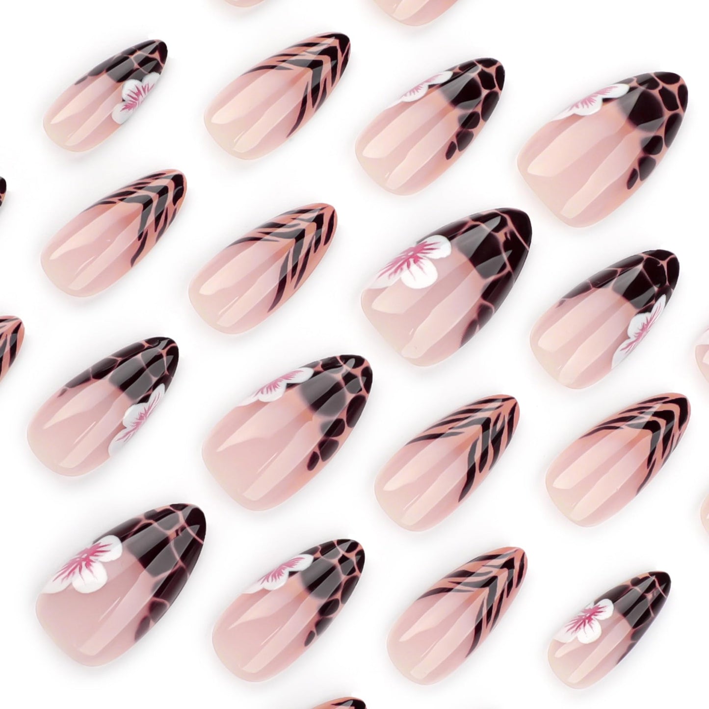 French Tip Almond Brown Leopard Print Flower Design Glue On Full Cover Stick On 24Pcs Fall Acrylic Nails for Women Manicure