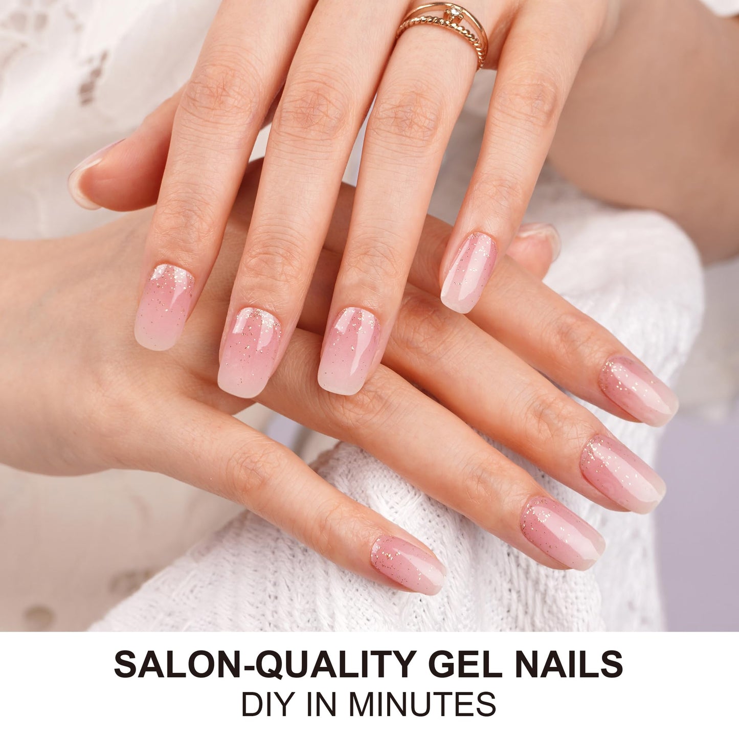 DANNI & TONI Semi Cured Gel Nail Strips Pink White Ombre Gold Glitter Gel Nail Wraps 28 Stickers | Pale Glint