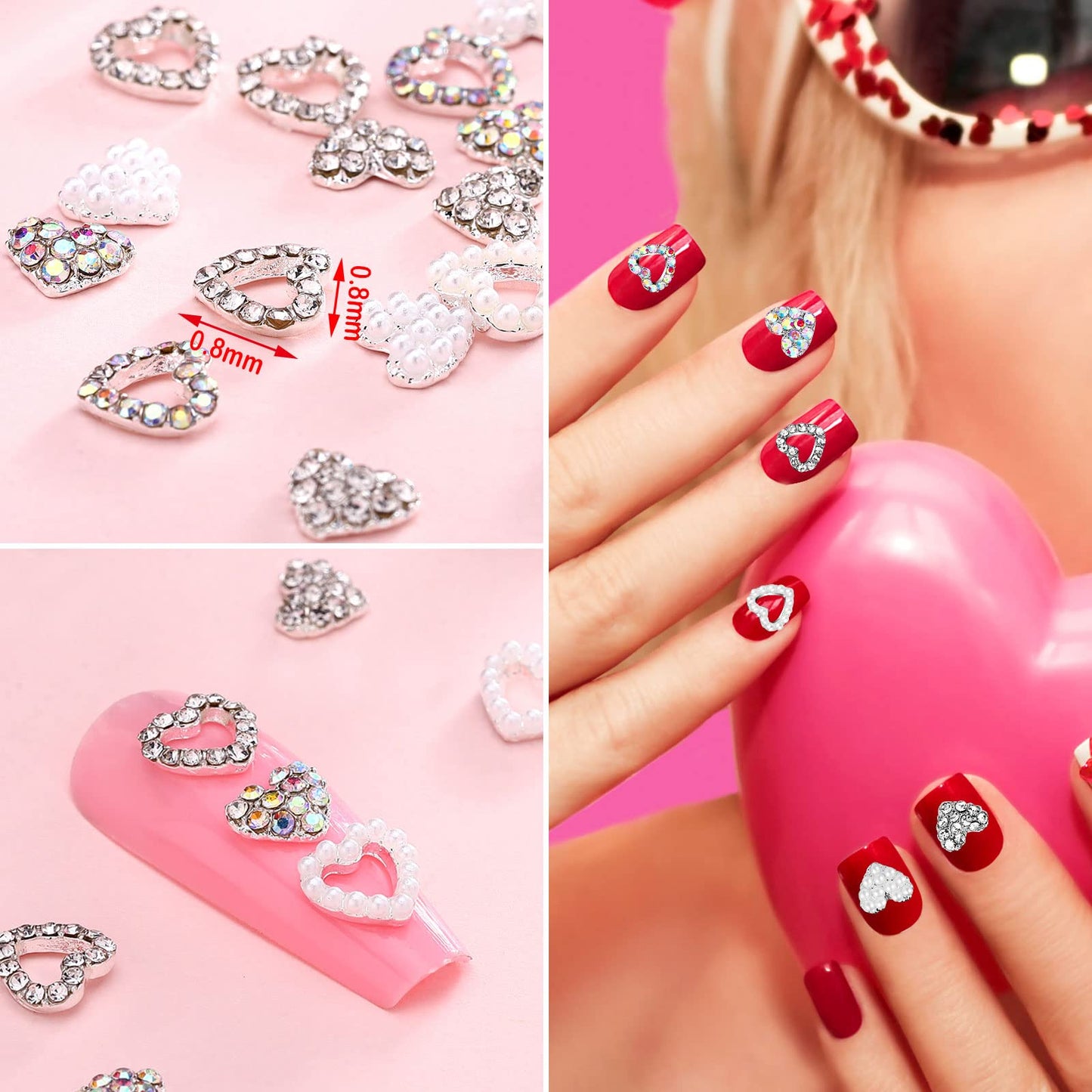 Leelosp 36 Pcs Heart Nail Charms for Nail Art, 3D Heart Rhinestone Decals Silver Crystal Charms Diamond Alloy Gems for Women Decorations