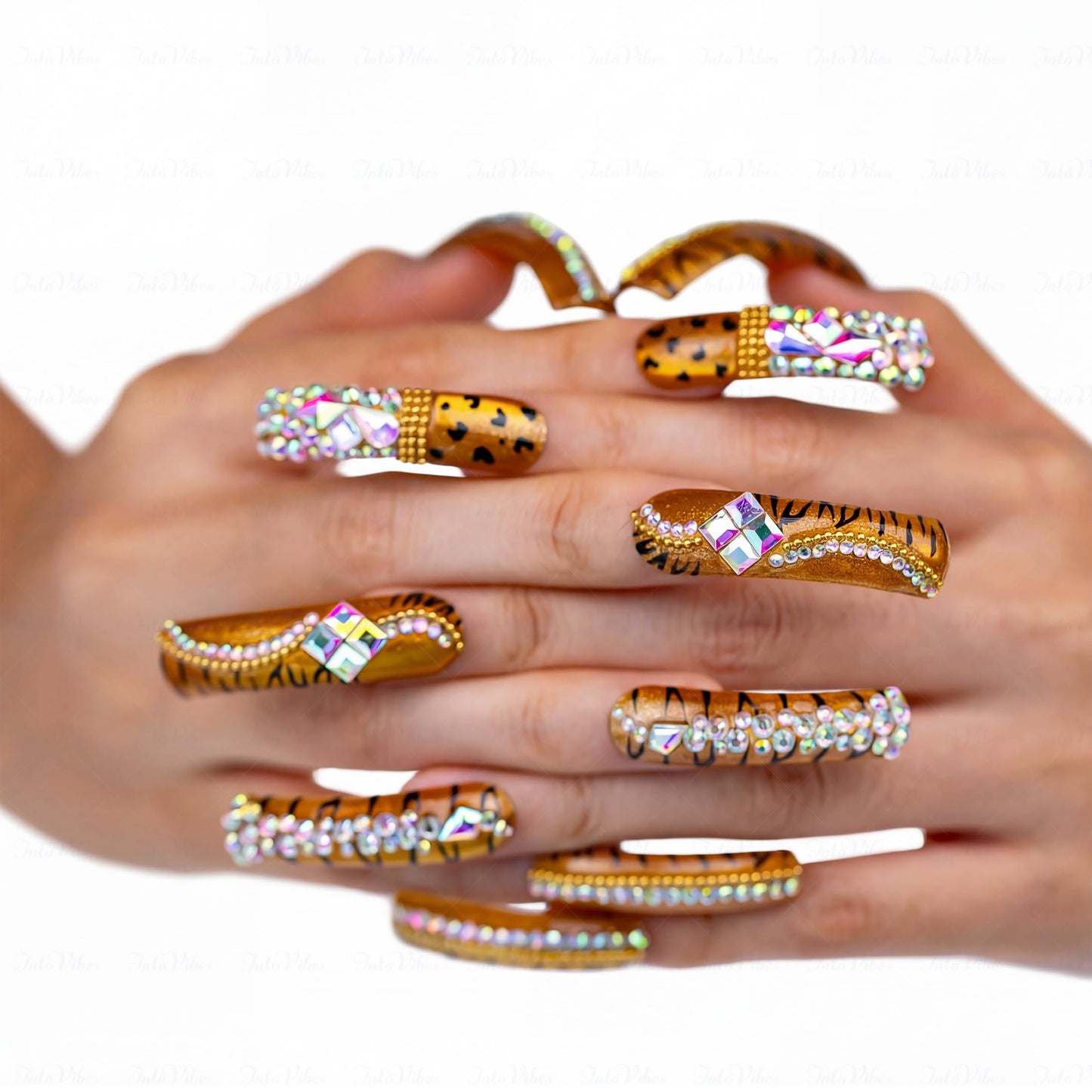 IntoVibes Leopard Cat Eye Rhinestone Press On Nails Handmade Curved Down Groove Design, Gold Metallic Long Nails with 3D AB Crystals, Heavy Detail Luxury Fake Nail Tips, Square Acrylic Nails (M)