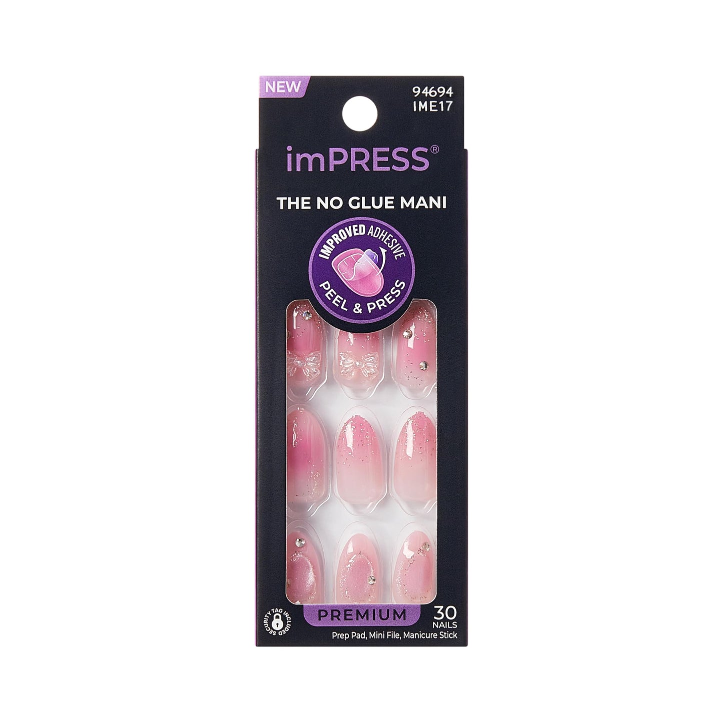 Kiss Impress No Glue Mani Press On Nails, Design, 'Venus', Pink, Medium Size, Almond Shape, Includes 30 Nails, Prep Pad, Instructions Sheet, 1 Manicure Stick, 1 Mini File