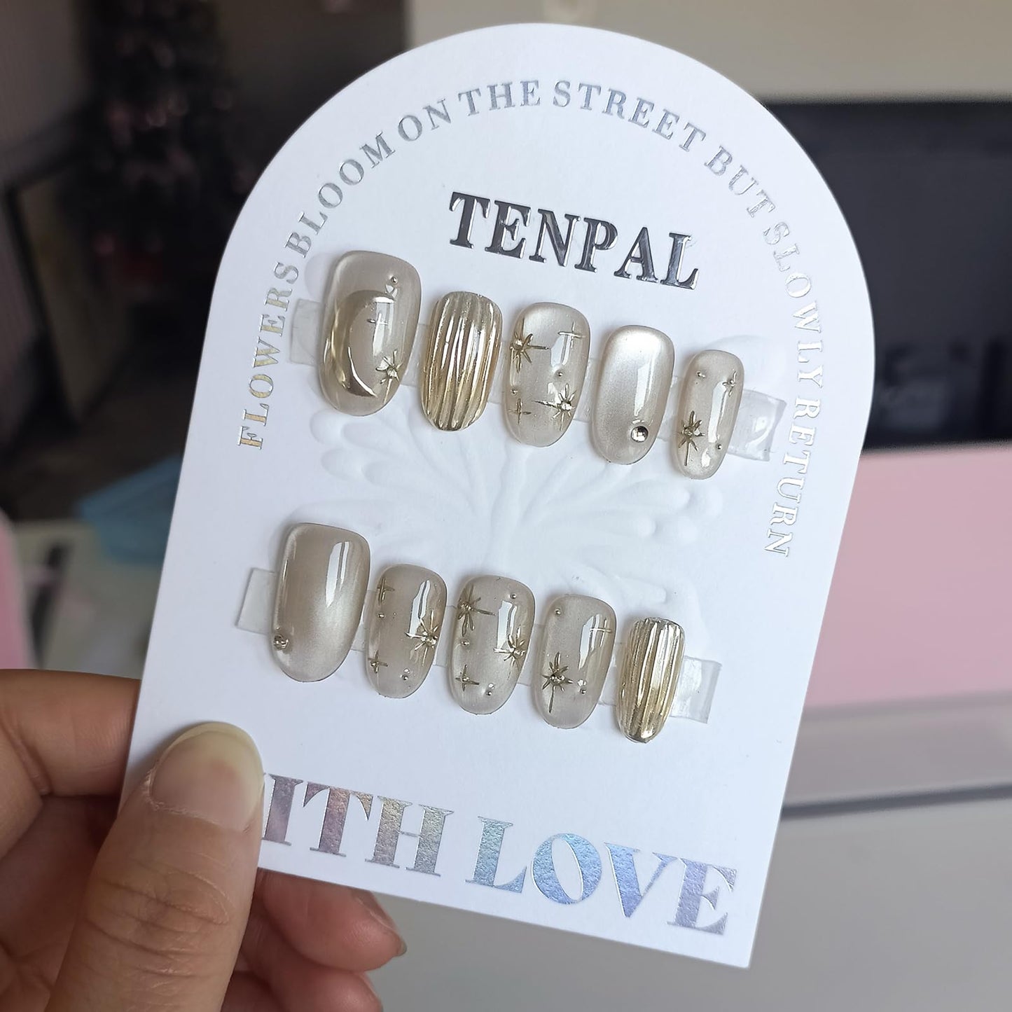 TENPAL Handmade Press on Nails Short Oval,Cat Eye Fake Nails with Mirror Star Moon Designs,Soft Gel Ethereal Edgy French Retro Nails Kit with Tools,Shimmer Glossy Glue on Nails Short for Women(XS)