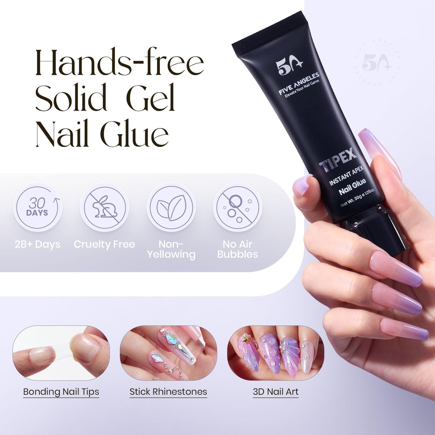 Five Angeles Tipex Instant Apex Gel Nail Tips Kit – 500pcs Pre-Etched Sculpted Long Coffin Acrylic Nail Tips, Thicker Full Cover Press-On Nails for Flat Nails, 30g/1.06oz UV Nail Glue Included